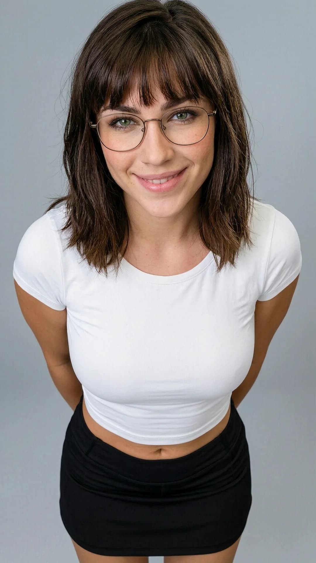 A 24-year-old Caucasian woman with brunette bangs, green eyes, skinny body type, light freckles across her cheeks and nose, wearing thin-rimmed glasses, dressed in a short black tennis skirt and a tight white crop top shirt that clings to her frame, standing in a direct portrait pose with hips slightly tilted, close-up frontal camera angle at eye level, intense direct eye contact with the viewer and a warm genuine smile, lips softly parted, realistic lighting with soft studio highlights on skin and fabric, Flawless anatomy, no extra digits, no extra limbs, realistic skin texture, high-detail.