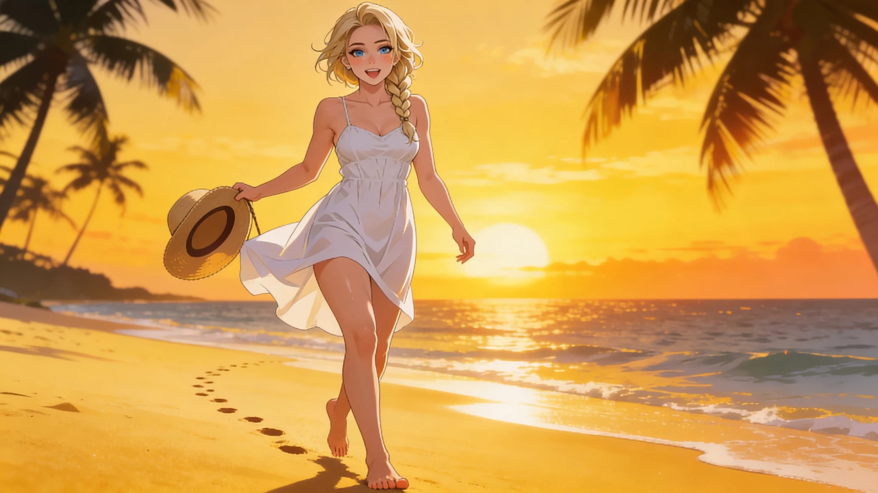 A 22-year-old Caucasian woman with fit body, blonde braided hair, blue eyes and rosy cheeks, walking barefoot in a flowing white sundress on pristine golden sand at sunset, sea breeze gently lifting the fabric to reveal natural folds and flow around her legs while tousling her braids, carrying a sun hat in one hand, footprints trailing behind her, tropical paradise ocean background with palm silhouettes, golden hour lighting casting warm glow and subtle skin sheen across her fit physique with light blush marks on cheeks, dynamic medium full-body shot from a low three-quarter angle capturing forward motion, direct eye contact with the viewer showing joyful carefree expression and genuine smile with lips parted, vibrant atmospheric sunset lighting, anime style, high-quality illustration. Flawless anatomy, no extra digits, no extra limbs, detailed anime shading, high-quality illustration.