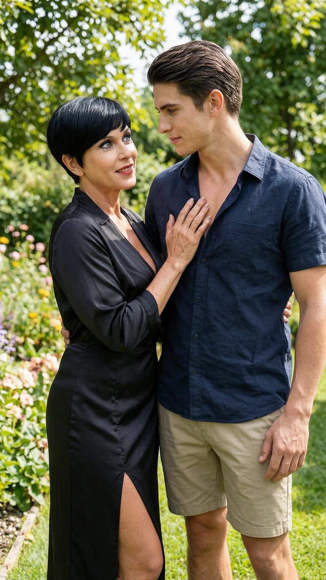 52-year-old Caucasian woman Alta with stunning symmetrical face large bright blue eyes high cheekbones elegant nose smile lines very full lips smooth skin from facelift and botox very fit athletic toned thin body huge implanted breasts narrow waist plump round fit ass from Brazilian butt lift elegant French bob haircut with bangs black hair with graying dark caramel fake tan skin tone dramatic tan lines glistening skin and visible belly piercings wearing elegant black silk slit dress with very low neckline breasts nearly falling out no bra elegant makeup dark eyeliner deep red lipstick standing close with 22-year-old handsome Caucasian man Jeremy youthful handsome face high cheekbones gaunt cheeks strong jaw striking green eyes medium length dark hair swept back parted short sleeve button up deep v-neck khaki shorts athletic defined slender build Alta smiling up at him one hand resting on his chest flirting making intense upward eye contact with seductive flirtatious expression lips parted both figures shown from the knees up in a well manicured garden well lit by natural sunlight photorealistic high quality high resolution bright high contrast colors captured with 80mm camera medium shot at eye level angle emphasizing her upward gaze Flawless anatomy, no extra digits, no extra limbs, realistic skin texture, high-detail.