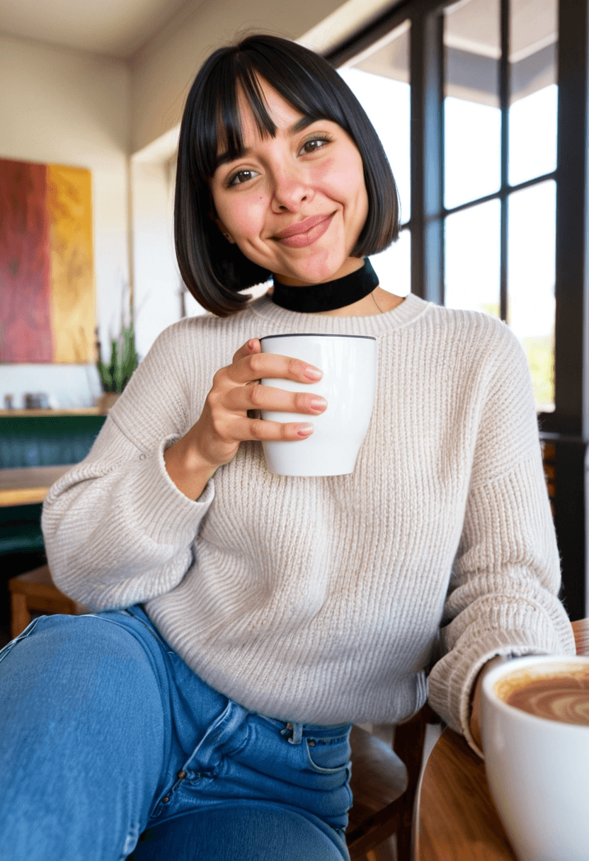 woman, 25, latina, fit body type, large breast size, medium butt size, short bob with bangs, choker necklace, warm smile, wearing fitted jeans, cozy oversized sweater, sitting in trendy coffee shop, latte in hand, natural sunlight through large windows, genuine laughing expression, casual lifestyle photography, warm autumn colors, holding book, approachable and comfortable vibe, realistic style, casual and relaxed posture, soft focus on facial features, gentle creases on sweater, subtle texture on jeans, warm and inviting atmosphere, natural and effortless pose, capturing everyday moments, authentic and relatable emotions, vibrant and rich colors, capturing the beauty of everyday life, woman enjoying her coffee and book, sitting in a cozy coffee shop, surrounded by warm autumn colors, feeling relaxed and comfortable, woman with a warm smile, enjoying her morning, surrounded by natural sunlight, woman with a book and latte, sitting in a trendy coffee shop, feeling approachable and comfortable.
