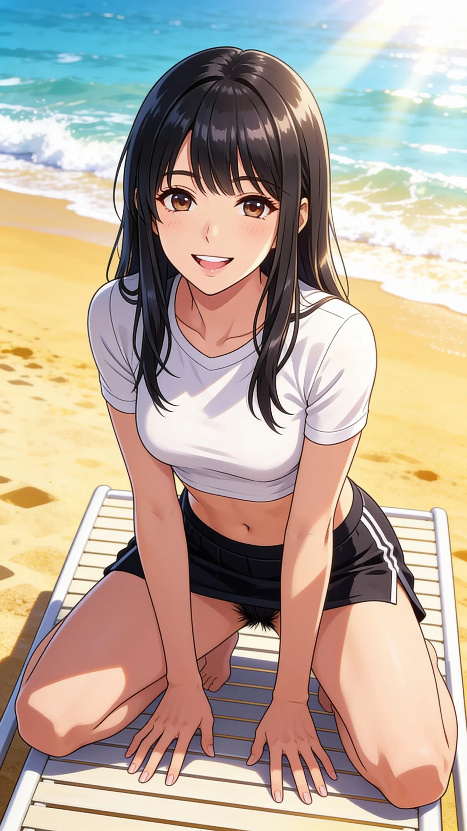 anime style, 2D cel-shaded anime illustration, anime key visual, flat cel shading, clean bold line art, vibrant saturated colors, large detailed expressive anime eyes with crisp catchlights, flat 2D rendering, not photorealistic, not 3D render, 21-year-old Asian woman with black hair in bangs, brown eyes, fit athletic build, wearing a short black tennis skirt and tight white crop top shirt that exposes her midriff, squatting athletic pose on a beach lounger while tanning, knees spread wide and body leaning forward slightly, short skirt riding up to reveal natural black pubic hair, direct eye contact with the viewer and a bright friendly smile with parted lips, sunny beach background with ocean waves and golden sand, bright direct sunlight with strong highlights and crisp shadows across her skin and clothing, vertical 9:16 portrait composition with character centered and filling the frame from head to mid-thigh, nsfw, detailed anime cel shading, crisp clean linework, correct anatomy, hands cleanly drawn with five fingers, studio-quality anime key visual; avoid: photorealistic, 3D render, extra fingers, deformed hands, blurry, low detail.