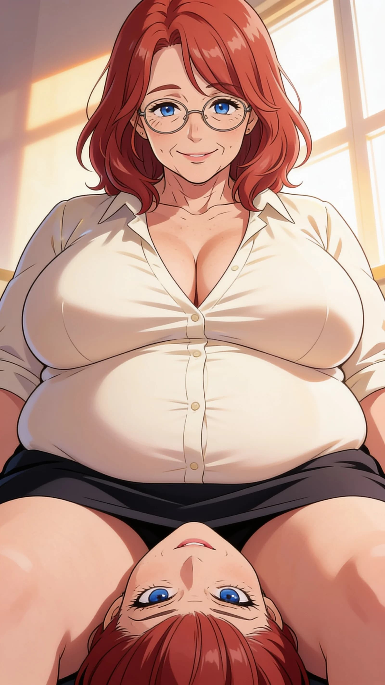 anime style, 2D cel-shaded anime illustration, anime key visual, flat cel shading, clean bold line art, vibrant saturated colors, large detailed expressive anime eyes with crisp catchlights, flat 2D rendering, not photorealistic, not 3D render, 60-year-old caucasian woman with red hair in soft bangs, blue eyes behind round glasses, chubby voluptuous milf body, thick soft belly, humongous HHH-cup breasts and giant wide thighs, wearing a low-cut tight cream blouse and dark skirt, sitting comfortably with viewer’s head resting on her lap, colossal fat breasts looming heavily over the viewer, warm gentle smile on her face, direct downward eye contact with affectionate warmth and soft parted lips, first-person POV looking straight up from the lap, vertical 9:16 portrait composition with character centered filling the frame from head to mid-thigh, soft warm window light casting gentle highlights and subtle shadows across her curves and glasses, detailed anime cel shading, crisp clean linework, correct anatomy, hands cleanly drawn with five fingers, studio-quality anime key visual; avoid: photorealistic, 3D render, extra fingers, deformed hands, blurry, low detail.