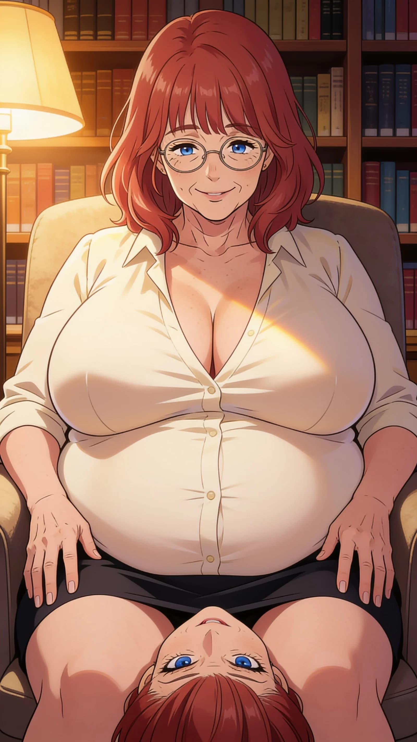 anime style, 2D cel-shaded anime illustration, anime key visual, flat cel shading, clean bold line art, vibrant saturated colors, large detailed expressive anime eyes with crisp catchlights, flat 2D rendering, not photorealistic, not 3D render, 60-year-old caucasian woman with red hair in soft bangs, blue eyes behind round glasses, chubby voluptuous milf body, thick soft belly, humongous HHH-cup breasts and giant wide thighs, wearing a low-cut tight cream blouse and dark skirt, sitting comfortably with viewer’s head resting on her lap, colossal fat breasts looming heavily over the viewer, warm gentle smile on her face, direct downward eye contact with affectionate warmth and soft parted lips, first-person POV looking straight up from the lap, vertical 9:16 portrait composition with character centered filling the frame from head to mid-thigh, soft warm window light casting gentle highlights and subtle shadows across her curves and glasses, detailed anime cel shading, crisp clean linework, correct anatomy, hands cleanly drawn with five fingers, studio-quality anime key visual; avoid: photorealistic, 3D render, extra fingers, deformed hands, blurry, low detail.