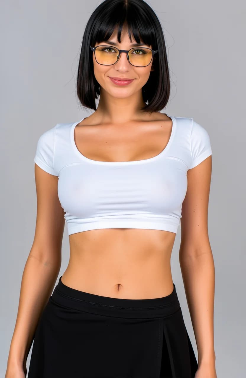 A close-up front-facing portrait of a 27-year-old Caucasian woman with a skinny body type, black hair styled with bangs, yellow eyes behind stylish glasses, wearing a tight white crop top shirt and a very short black tennis skirt that functions as a fashionable mini skirt, standing in a neutral indoor setting with soft natural lighting, body angled slightly toward the viewer with relaxed posture and subtle hip tilt, direct intense eye contact with the viewer paired with a warm genuine smile and parted lips, natural pubic hair visible at the hem of the lifted short skirt, realistic skin texture with soft sheen, Flawless anatomy, no extra digits, no extra limbs, realistic skin texture, high-detail.