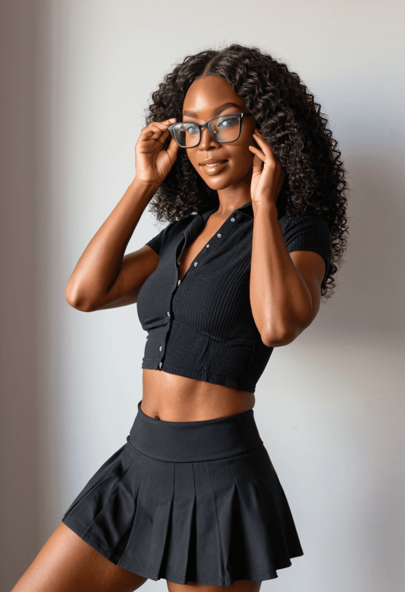 Wearing short black tennis skirt and a crop top shirt, portrait picture, looking at the viewer with a smile, wearing an elegant knee-length skirt