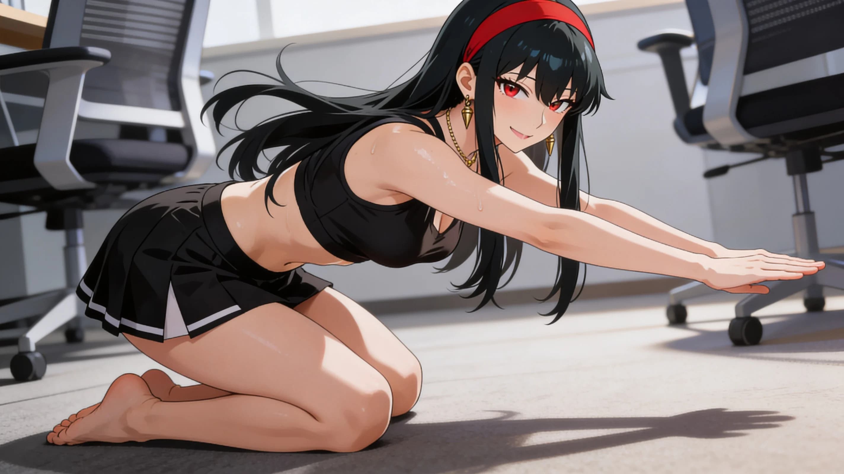 21-year-old Asian woman with fit body type, long black hair, striking red eyes, wearing a red headband, gold earrings and an elegant necklace, dressed in a short black tennis skirt and tight crop top shirt that hugs her toned midriff with natural fabric folds, standing confidently in a modern office setting with sleek glass walls and contemporary furniture in the background, full body shot from a low angle POV looking up to emphasize her athletic poise as she performs a dynamic workout pose mid-squat with knees bent and arms raised holding invisible weights, portrait-style framing with her face centered, direct eye contact with the viewer through intense cheerful smile and sparkling red eyes full of confident energy, lips slightly parted in exertion, subtle skin sheen from sweat on her exposed midriff and thighs, light blush marks on cheeks, vibrant atmospheric lighting with soft sunlight streaming through office windows casting dynamic shadows and highlights on her curves, natural breast lift under the crop top with realistic physics bounce, anime style, high-quality illustration, flawless anatomy, no extra digits, no extra limbs, detailed anime shading, high-quality illustration.