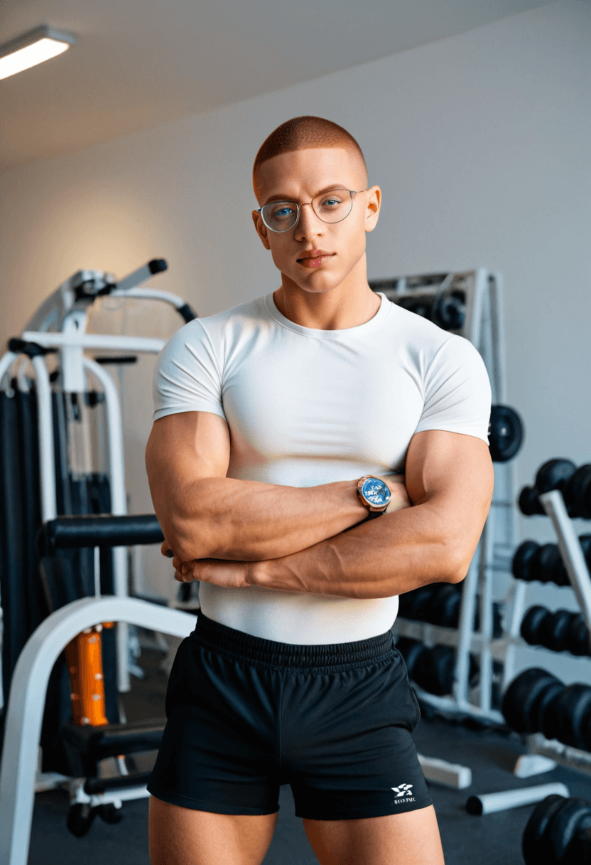 standing with arms crossed over chest, stern and authoritative pose, wearing athletic shorts and compression shirt, sporty attire, wearing a luxury wristwatch, elegant accessory, in a modern gym with exercise equipment, fitness setting