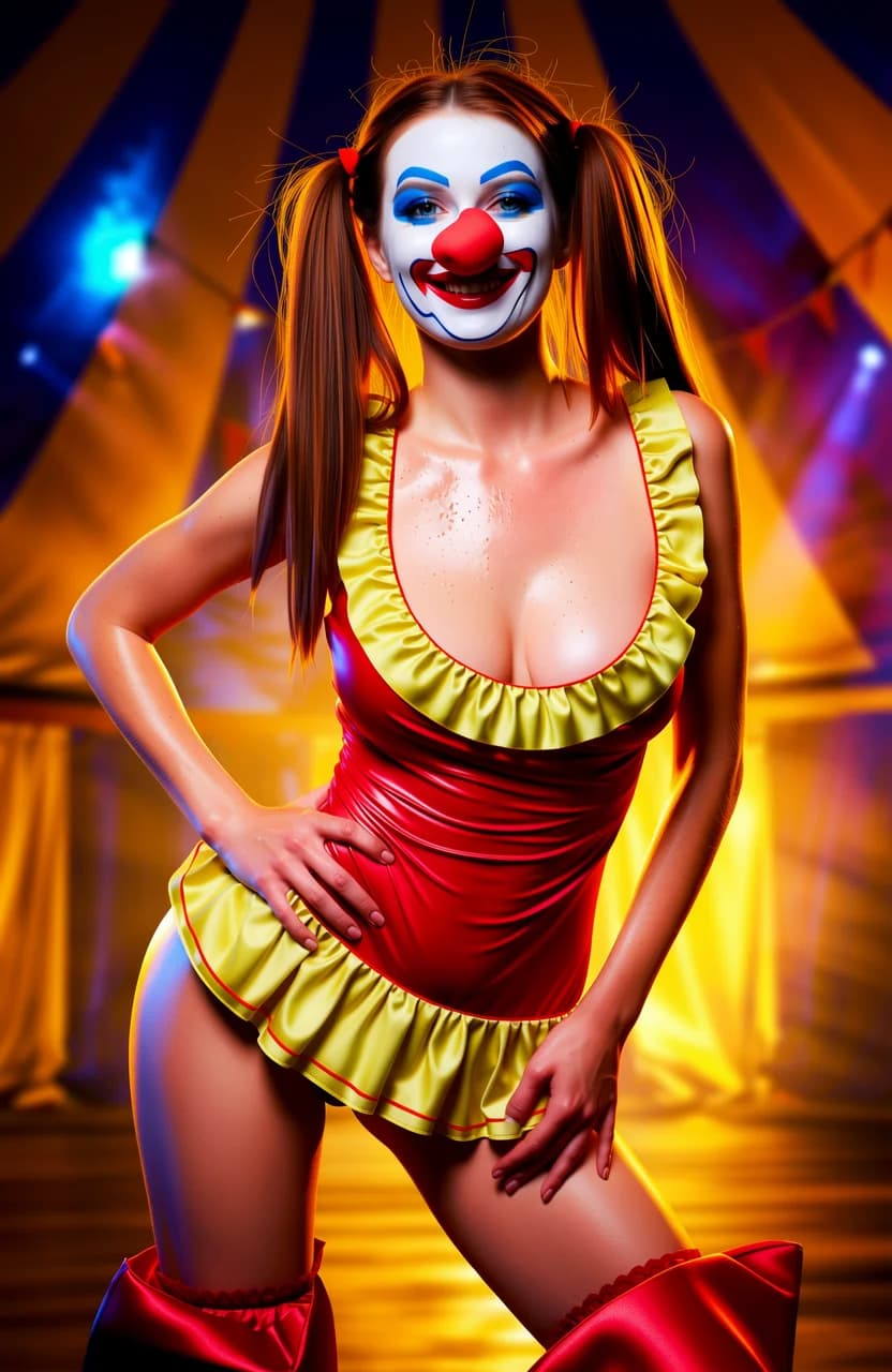 30-year-old Caucasian woman with fit athletic body, vibrant redhead hair styled in playful pigtails, striking blue eyes, and cute freckles across her nose, dressed in a tight slimming clown costume that hugs her hourglass curves with a low-cut ruffled top accentuating her perky C-cup breasts with subtle cleavage sheen, short frilly skirt riding up to reveal toned thighs and hints of lace panties, oversized floppy red shoes, face fully covered in glossy white clown makeup, exaggerated big red lips parted in a mischievous smile, bold blue and yellow eyeshadow framing her intense direct eye contact with playful seductive lust gazing straight at viewer, oversized red foam nose, standing in a vibrant dimly lit circus tent with colorful spotlights casting dramatic shadows and warm golden highlights on her smooth sweat-glistened skin with light beads of excitement tracing her collarbone and abs, dynamic pose with one hand on hip thrusting forward to emphasize her hourglass figure and firm glutes, the other playfully tugging at her skirt while leaning slightly toward the camera with arched back and subtle muscle tension in her defined abs, legs, and shoulders, medium close-up from low front angle looking up to capture her confident stance, body physics with breasts lifted and taut against fabric, skin glowing with realistic texture and faint flush of arousal, festive mood blending whimsy and allure, flawless anatomy, no extra digits, no extra limbs, realistic skin texture, high-detail.
