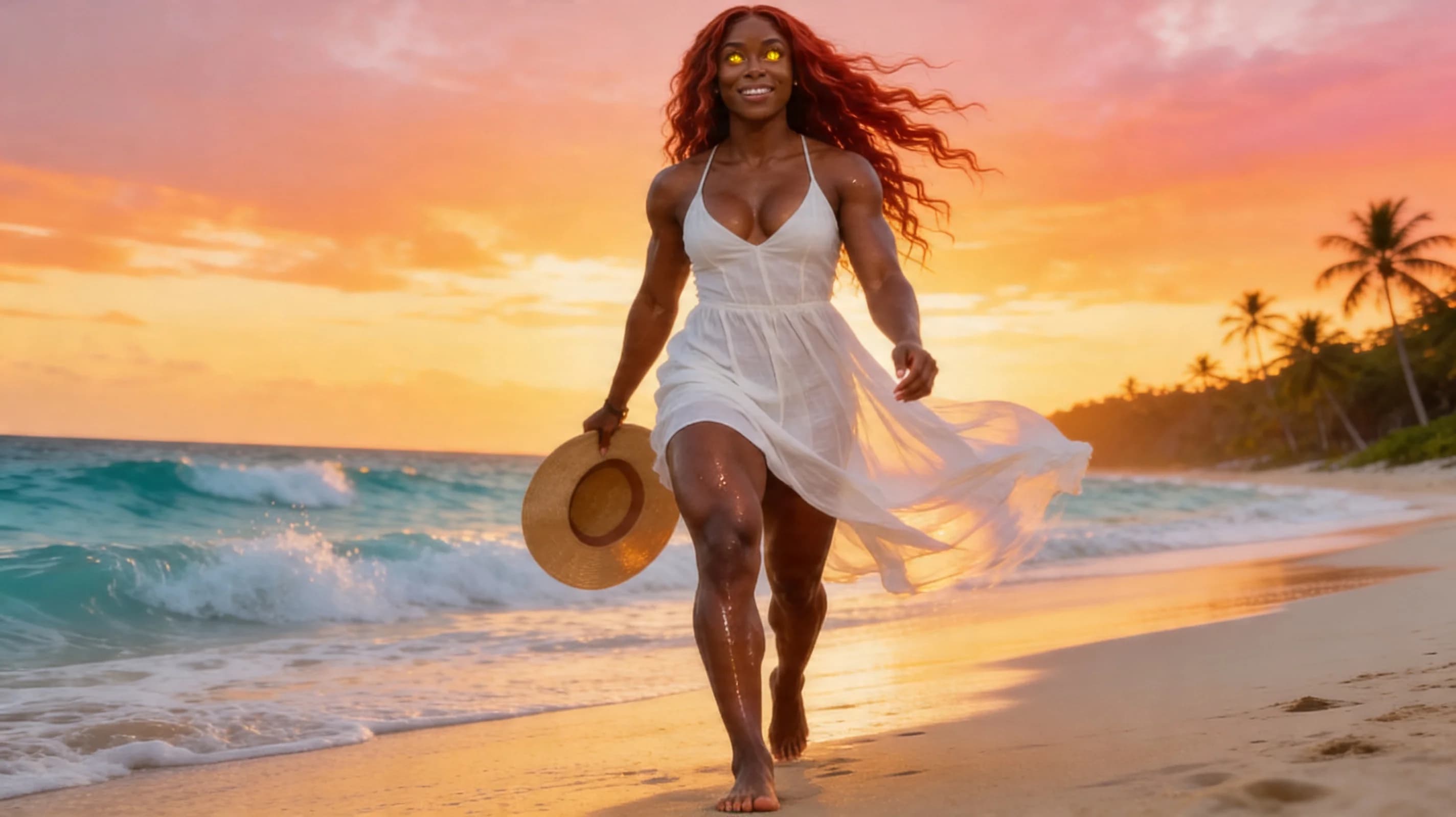 24-year-old muscular black woman with long flowing red hair and striking yellow eyes, happy and carefree with a genuine wide smile revealing perfect white teeth, walking barefoot on a pristine tropical beach leaving fresh footprints in the wet sand, wearing a flowing white sundress that billows gently in the sea breeze revealing toned muscular legs and subtle curves, carrying a wide-brimmed sun hat in one hand, golden sunset lighting casting warm orange and pink hues across her glistening sweat-kissed dark skin and the paradise background of turquoise waves crashing on shore with palm trees silhouetted in the distance, medium wide shot from low front angle following her stride with dynamic motion blur on dress and hair, direct upward eye contact with joyful sparkling yellow eyes full of pure bliss and vacation freedom, lips slightly parted in delight, body physics showing firm muscular tension in calves and thighs from walking with defined quad separation and vein subtle pop, natural breast bounce under thin sundress fabric with pert medium-sized breasts swaying rhythmically, wind-swept red hair flowing wildly behind her, skin sheen from light sweat highlighting ebony tone and muscle contours, carefree stride with hips swaying naturally and arms relaxed, cinematic vacation photography style with shallow depth of field focusing sharply on her face and body while softly blurring the horizon, golden hour glow enveloping the scene in warm ethereal light. Flawless anatomy, no extra digits, no extra limbs, realistic skin texture, high-detail.