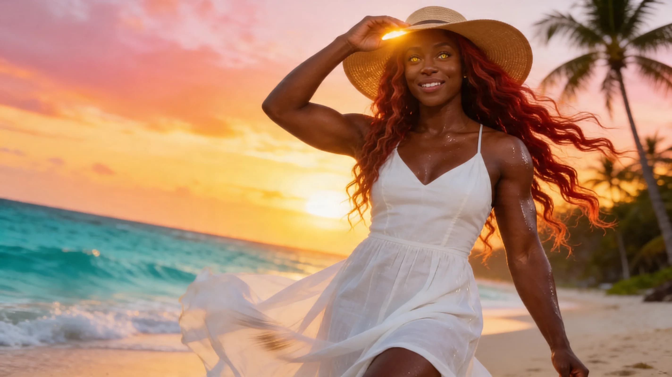 24-year-old muscular black woman with long flowing red hair and striking yellow eyes, happy and carefree with a genuine wide smile revealing perfect white teeth, walking barefoot on a pristine tropical beach leaving fresh footprints in the wet sand, wearing a flowing white sundress that billows gently in the sea breeze revealing toned muscular legs and subtle curves, carrying a wide-brimmed sun hat in one hand, golden sunset lighting casting warm orange and pink hues across her glistening sweat-kissed dark skin and the paradise background of turquoise waves crashing on shore with palm trees silhouetted in the distance, medium wide shot from low front angle following her stride with dynamic motion blur on dress and hair, direct upward eye contact with joyful sparkling yellow eyes full of pure bliss and vacation freedom, lips slightly parted in delight, body physics showing firm muscular tension in calves and thighs from walking with defined quad separation and vein subtle pop, natural breast bounce under thin sundress fabric with pert medium-sized breasts swaying rhythmically, wind-swept red hair flowing wildly behind her, skin sheen from light sweat highlighting ebony tone and muscle contours, carefree stride with hips swaying naturally and arms relaxed, cinematic vacation photography style with shallow depth of field focusing sharply on her face and body while softly blurring the horizon, golden hour glow enveloping the scene in warm ethereal light. Flawless anatomy, no extra digits, no extra limbs, realistic skin texture, high-detail.