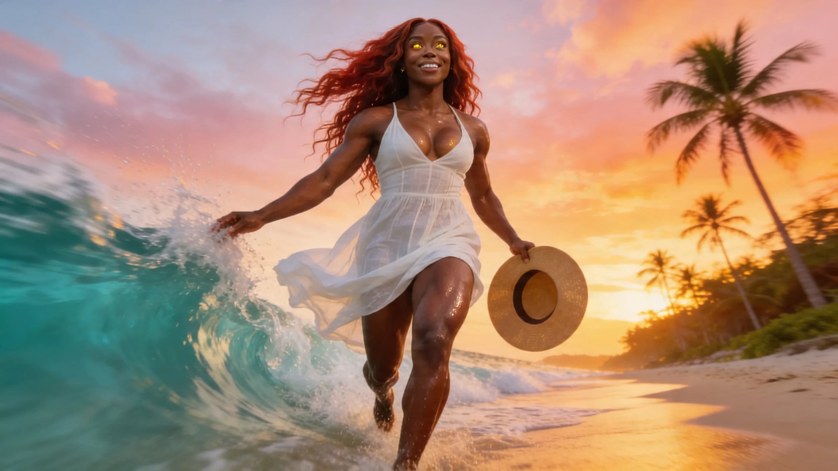 24-year-old muscular black woman with long flowing red hair and striking yellow eyes, happy and carefree with a genuine wide smile revealing perfect white teeth, walking barefoot on a pristine tropical beach leaving fresh footprints in the wet sand, wearing a flowing white sundress that billows gently in the sea breeze revealing toned muscular legs and subtle curves, carrying a wide-brimmed sun hat in one hand, golden sunset lighting casting warm orange and pink hues across her glistening sweat-kissed dark skin and the paradise background of turquoise waves crashing on shore with palm trees silhouetted in the distance, medium wide shot from low front angle following her stride with dynamic motion blur on dress and hair, direct upward eye contact with joyful sparkling yellow eyes full of pure bliss and vacation freedom, lips slightly parted in delight, body physics showing firm muscular tension in calves and thighs from walking with defined quad separation and vein subtle pop, natural breast bounce under thin sundress fabric with pert medium-sized breasts swaying rhythmically, wind-swept red hair flowing wildly behind her, skin sheen from light sweat highlighting ebony tone and muscle contours, carefree stride with hips swaying naturally and arms relaxed, cinematic vacation photography style with shallow depth of field focusing sharply on her face and body while softly blurring the horizon, golden hour glow enveloping the scene in warm ethereal light. Flawless anatomy, no extra digits, no extra limbs, realistic skin texture, high-detail.