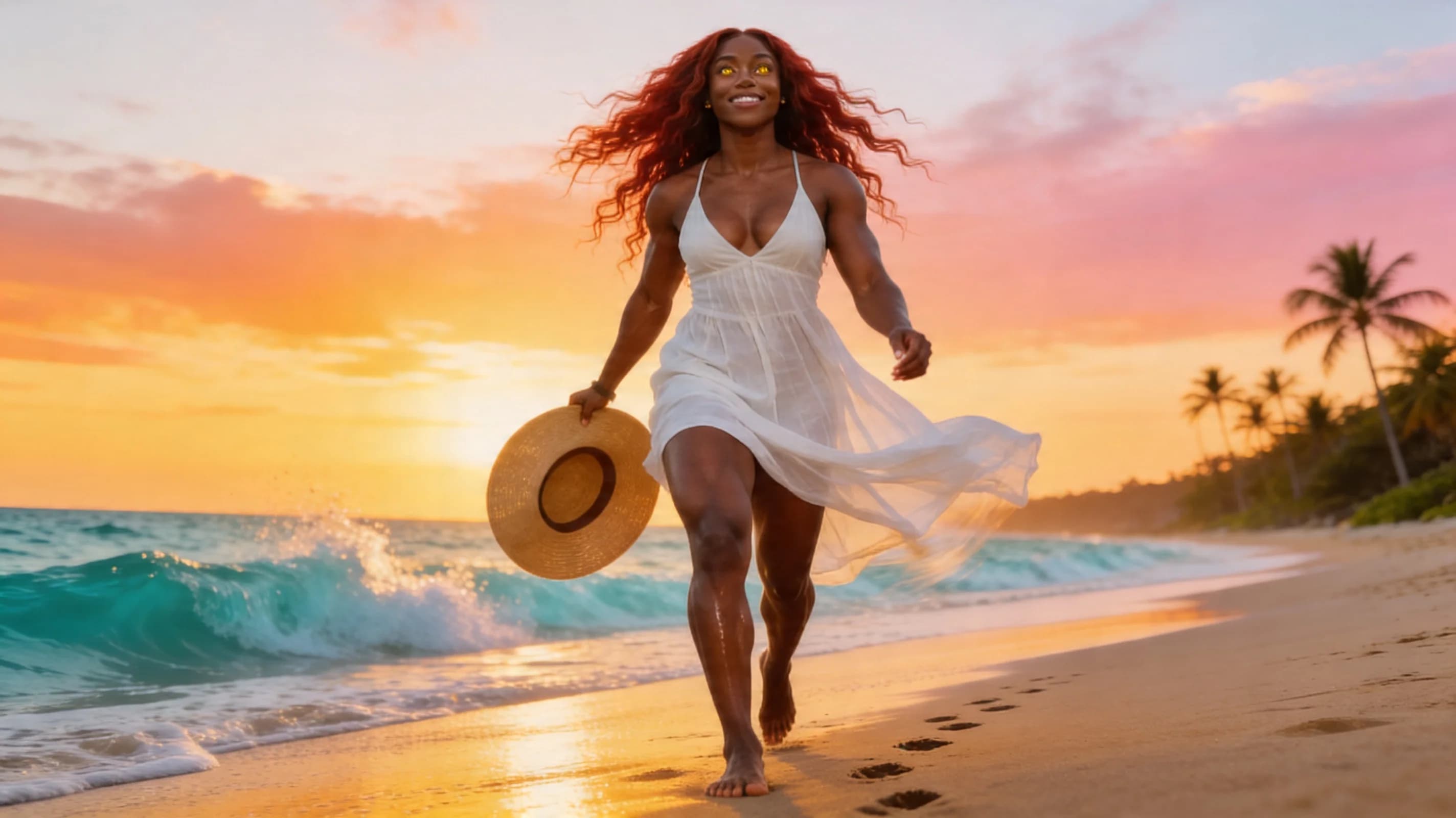 24-year-old muscular black woman with long flowing red hair and striking yellow eyes, happy and carefree with a genuine wide smile revealing perfect white teeth, walking barefoot on a pristine tropical beach leaving fresh footprints in the wet sand, wearing a flowing white sundress that billows gently in the sea breeze revealing toned muscular legs and subtle curves, carrying a wide-brimmed sun hat in one hand, golden sunset lighting casting warm orange and pink hues across her glistening sweat-kissed dark skin and the paradise background of turquoise waves crashing on shore with palm trees silhouetted in the distance, medium wide shot from low front angle following her stride with dynamic motion blur on dress and hair, direct upward eye contact with joyful sparkling yellow eyes full of pure bliss and vacation freedom, lips slightly parted in delight, body physics showing firm muscular tension in calves and thighs from walking with defined quad separation and vein subtle pop, natural breast bounce under thin sundress fabric with pert medium-sized breasts swaying rhythmically, wind-swept red hair flowing wildly behind her, skin sheen from light sweat highlighting ebony tone and muscle contours, carefree stride with hips swaying naturally and arms relaxed, cinematic vacation photography style with shallow depth of field focusing sharply on her face and body while softly blurring the horizon, golden hour glow enveloping the scene in warm ethereal light. Flawless anatomy, no extra digits, no extra limbs, realistic skin texture, high-detail.