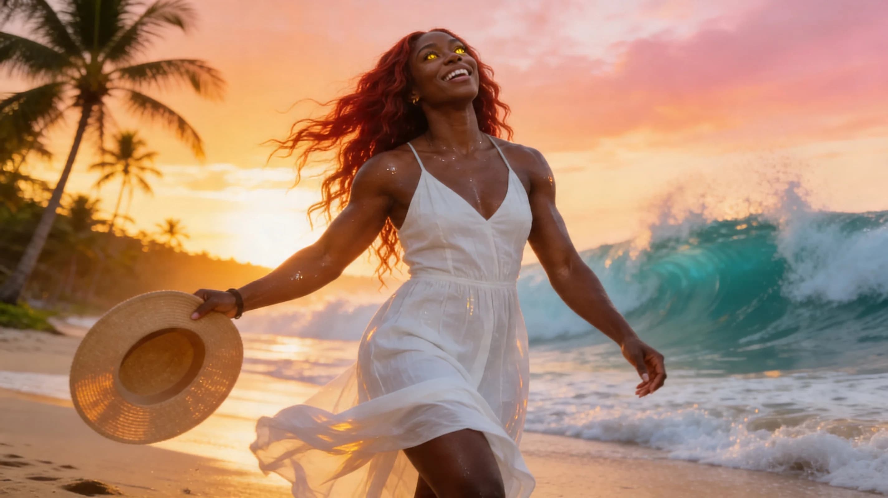 24-year-old muscular black woman with long flowing red hair and striking yellow eyes, happy and carefree with a genuine wide smile revealing perfect white teeth, walking barefoot on a pristine tropical beach leaving fresh footprints in the wet sand, wearing a flowing white sundress that billows gently in the sea breeze revealing toned muscular legs and subtle curves, carrying a wide-brimmed sun hat in one hand, golden sunset lighting casting warm orange and pink hues across her glistening sweat-kissed dark skin and the paradise background of turquoise waves crashing on shore with palm trees silhouetted in the distance, medium wide shot from low front angle following her stride with dynamic motion blur on dress and hair, direct upward eye contact with joyful sparkling yellow eyes full of pure bliss and vacation freedom, lips slightly parted in delight, body physics showing firm muscular tension in calves and thighs from walking with defined quad separation and vein subtle pop, natural breast bounce under thin sundress fabric with pert medium-sized breasts swaying rhythmically, wind-swept red hair flowing wildly behind her, skin sheen from light sweat highlighting ebony tone and muscle contours, carefree stride with hips swaying naturally and arms relaxed, cinematic vacation photography style with shallow depth of field focusing sharply on her face and body while softly blurring the horizon, golden hour glow enveloping the scene in warm ethereal light. Flawless anatomy, no extra digits, no extra limbs, realistic skin texture, high-detail.