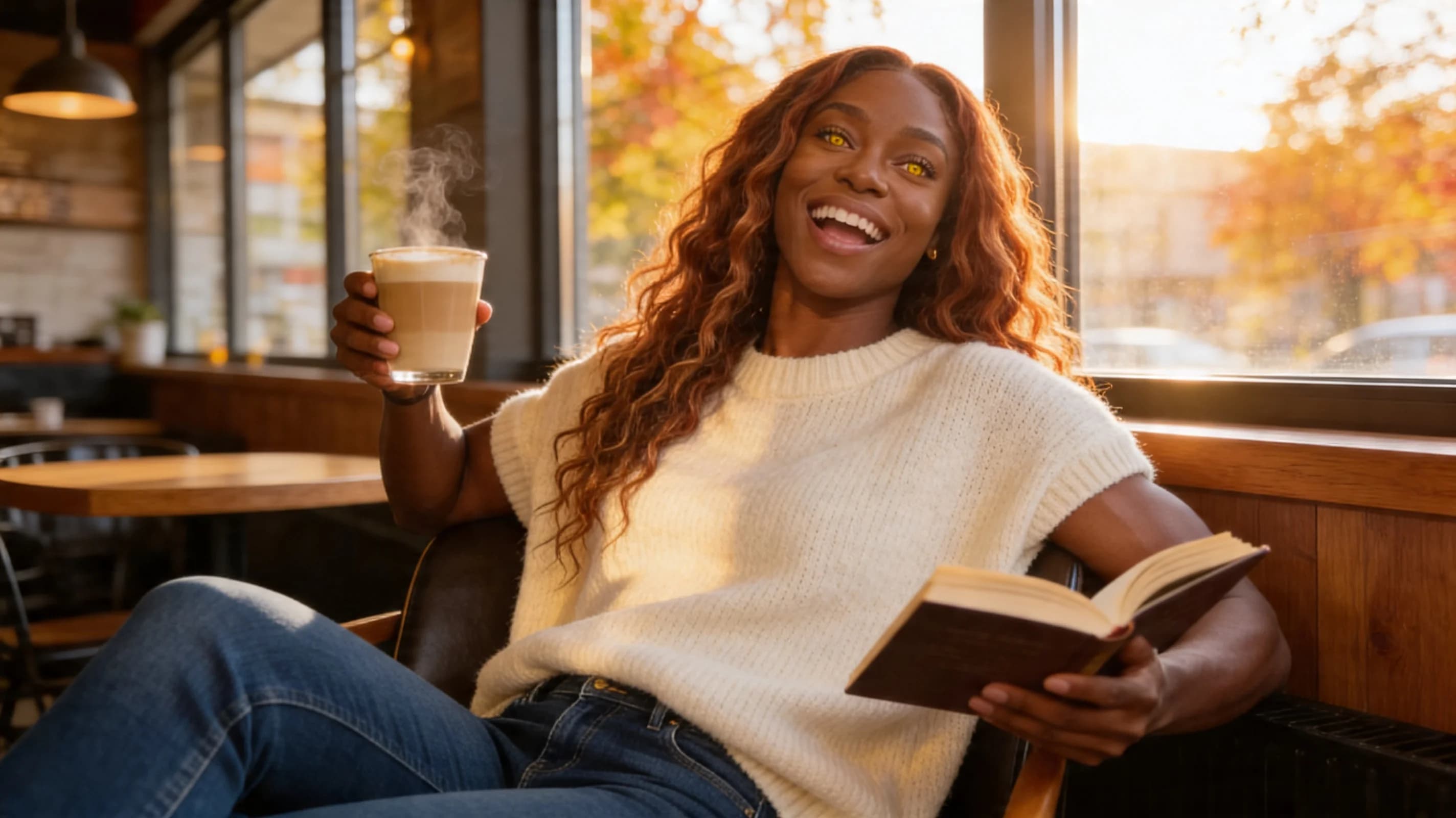 24-year-old Black woman with yellow eyes, long redhead hair, muscular body type, sitting relaxed in a trendy coffee shop with large windows allowing natural sunlight to stream in, warm autumn colors dominating the scene with golden hues and cozy wooden tones, wearing fitted blue jeans hugging her powerful thighs and a cozy oversized cream sweater draping softly over her defined shoulders and biceps, holding a steaming latte in one hand and an open book in the other, legs casually crossed, body leaning back comfortably against the chair with natural muscle tension visible in her toned arms and core, genuine laughing expression with head slightly tilted back, mouth open in joyful mirth, warm approachable vibe, medium close-up from low eye-level angle straight on with direct eye contact into the camera conveying playful warmth and genuine delight, lips curved in a bright smile, skin glowing with subtle sheen from the sunlight, soft volumetric lighting casting gentle shadows and highlights on her face and sweater fabric, casual lifestyle photography style, flawless anatomy, no extra digits, no extra limbs, realistic skin texture, high-detail.
