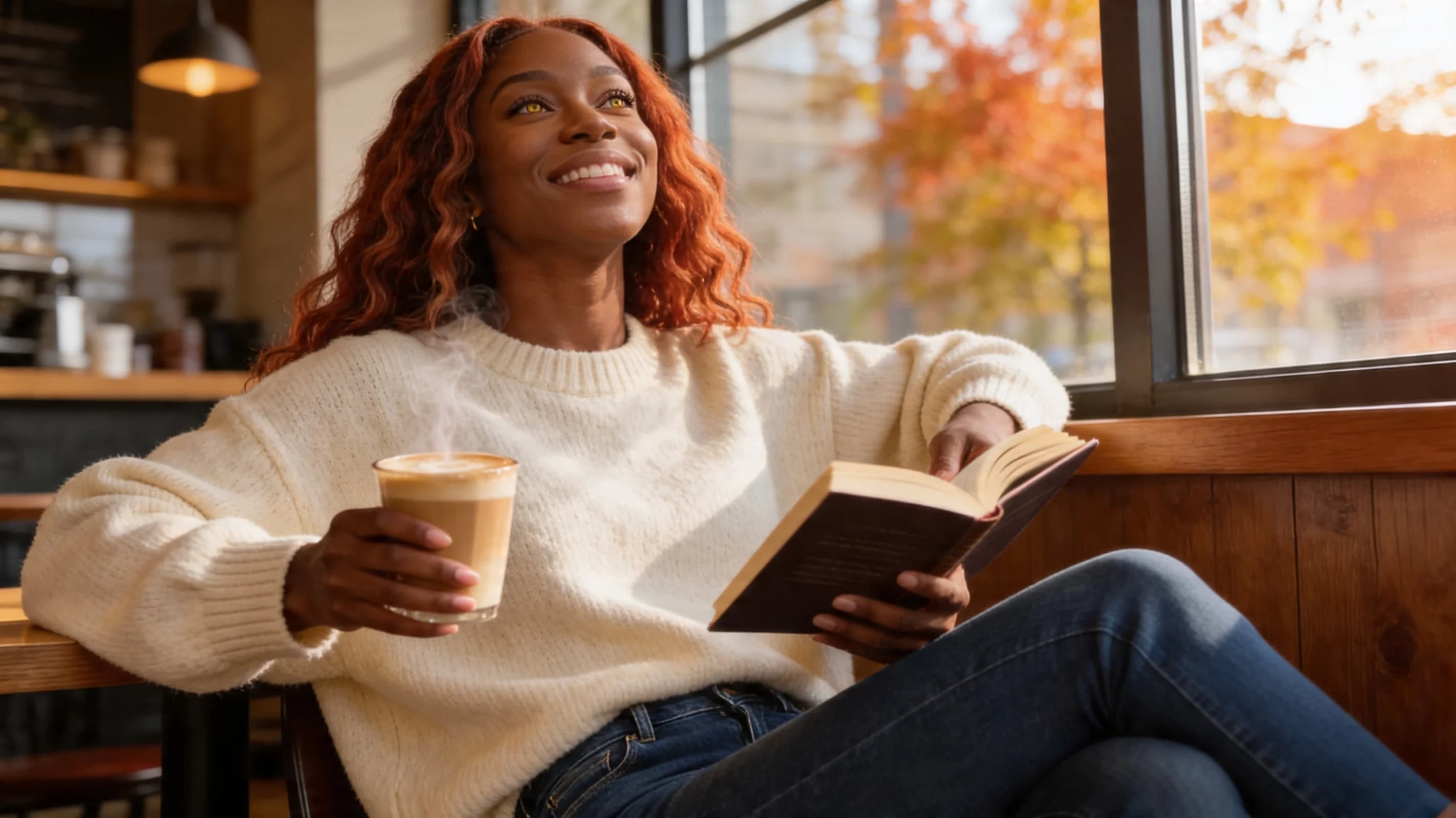 24-year-old Black woman with yellow eyes, long redhead hair, muscular body type, sitting relaxed in a trendy coffee shop with large windows allowing natural sunlight to stream in, warm autumn colors dominating the scene with golden hues and cozy wooden tones, wearing fitted blue jeans hugging her powerful thighs and a cozy oversized cream sweater draping softly over her defined shoulders and biceps, holding a steaming latte in one hand and an open book in the other, legs casually crossed, body leaning back comfortably against the chair with natural muscle tension visible in her toned arms and core, genuine laughing expression with head slightly tilted back, mouth open in joyful mirth, warm approachable vibe, medium close-up from low eye-level angle straight on with direct eye contact into the camera conveying playful warmth and genuine delight, lips curved in a bright smile, skin glowing with subtle sheen from the sunlight, soft volumetric lighting casting gentle shadows and highlights on her face and sweater fabric, casual lifestyle photography style, flawless anatomy, no extra digits, no extra limbs, realistic skin texture, high-detail.
