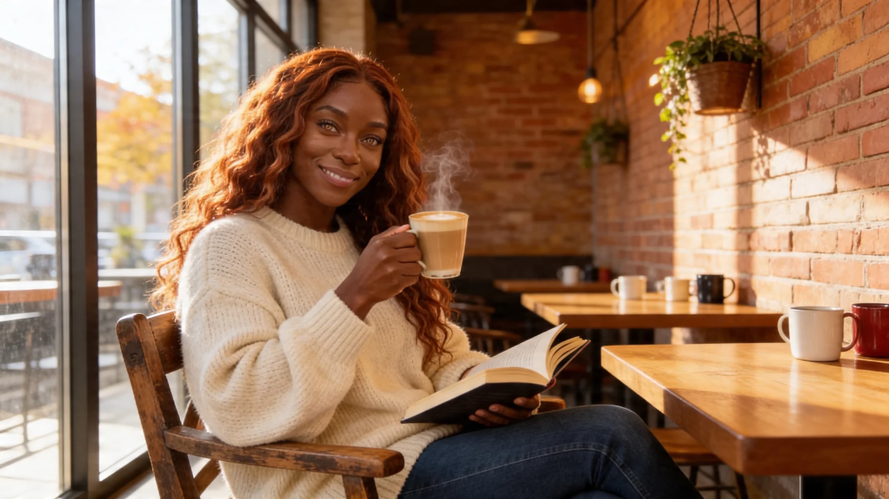 24-year-old Black muscular woman with long flowing red hair cascading over her defined shoulders, striking yellow eyes sparkling with warmth, powerful athletic build with toned abs and thick thighs, sitting relaxed and comfortably on a rustic wooden chair in a trendy coffee shop brimming with warm autumn colors of amber oranges, deep browns, and rustic reds, large floor-to-ceiling windows flooding the intimate space with soft diffused natural sunlight casting golden highlights and gentle elongated shadows across polished wooden tables, scattered coffee mugs, and textured exposed brick walls adorned with hanging plants, wearing fitted blue jeans tightly hugging her powerful tensed thighs with visible muscle definition and a cozy oversized cream sweater draping loosely over her broad defined shoulders and full heavy breasts with natural realistic sag and subtle bounce from her relaxed seated posture, one muscular arm casually flexed holding a steaming latte cup with wisps of vapor rising, the other hand cradling an open book on her lap, genuine laughing expression with head tilted back slightly in joyful mirth, mouth open wide revealing perfect teeth, eyes crinkled at the corners in pure delight while making intense direct eye contact with the viewer from a medium close-up side angle POV at eye level to intimately capture her approachable inviting vibe, skin glowing with a subtle healthy sheen from the indoor warmth and laughter-induced flush, body physics emphasizing natural breast heaviness and soft jiggle under the sweater, thigh muscles subtly tensed against the jeans in her comfortable slouched pose, evoking a comfortable casual lifestyle photography mood with cinematic depth of field and warm inviting atmosphere. Flawless anatomy, no extra digits, no extra limbs, realistic skin texture, high-detail.
