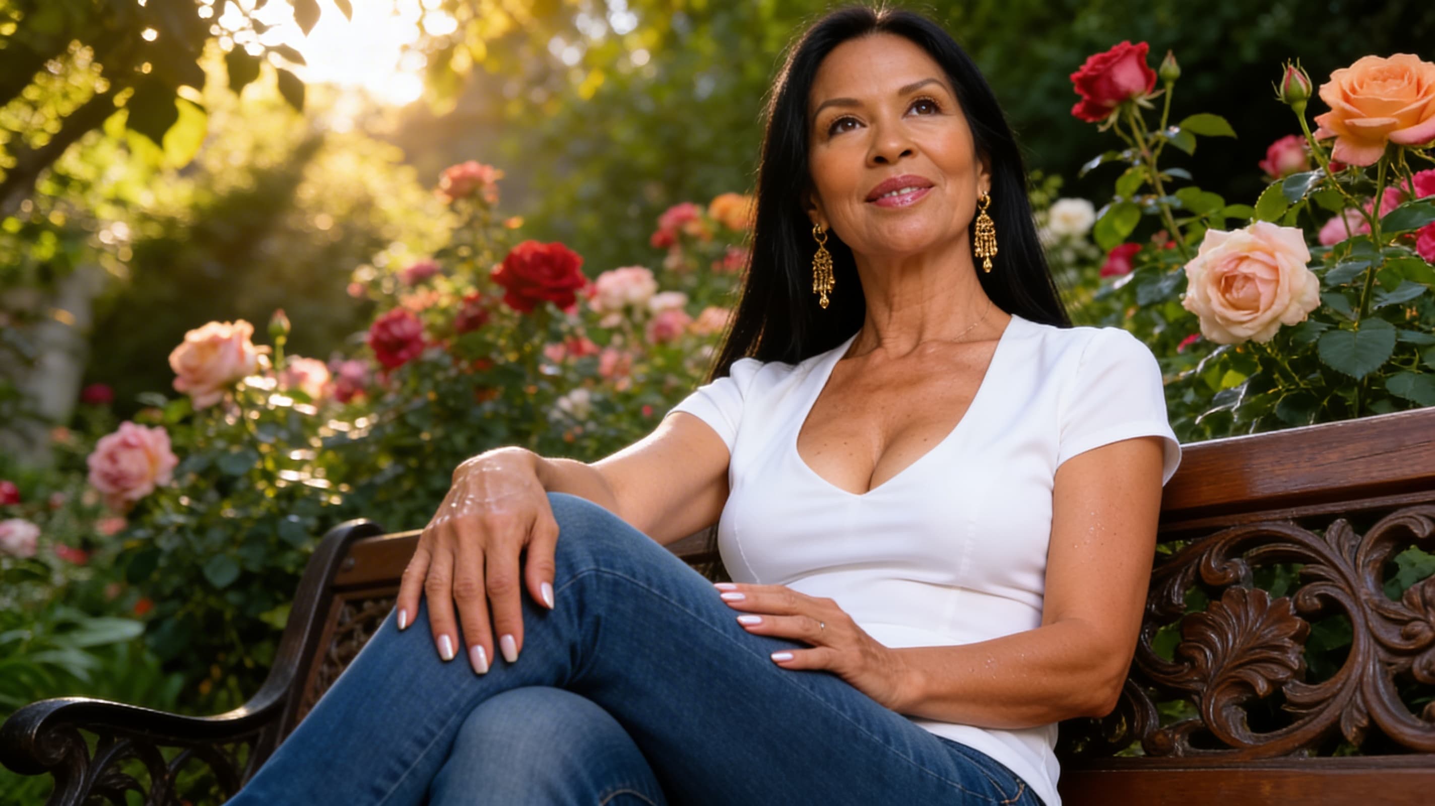 60-year-old Latina woman with skinny body type, straight black hair, brown eyes, realistic style, sitting casually in a relaxed pose on a ornate wooden bench in a lush beautiful garden overflowing with vibrant blooming flowers, roses, and greenery under soft golden hour sunlight filtering through leaves creating dappled shadows and warm glow, wearing fitted blue jeans hugging her slim legs and hips, a simple fitted white blouse accentuating her slender frame, beautiful dangling gold earrings sparkling in the light, legs casually crossed with one hand resting on her knee and the other in her lap, subtle smile with intense upward eye contact conveying relaxed confidence and warmth, lips slightly parted, flawless skin with natural age lines and subtle sheen from garden humidity, body physics showing relaxed muscle tension, small perky breasts under blouse with natural sag, detailed hands with manicured nails, medium close-up from low front angle emphasizing her poised posture and serene expression in the idyllic setting, flawless anatomy, no extra digits, no extra limbs, realistic skin texture, high-detail.