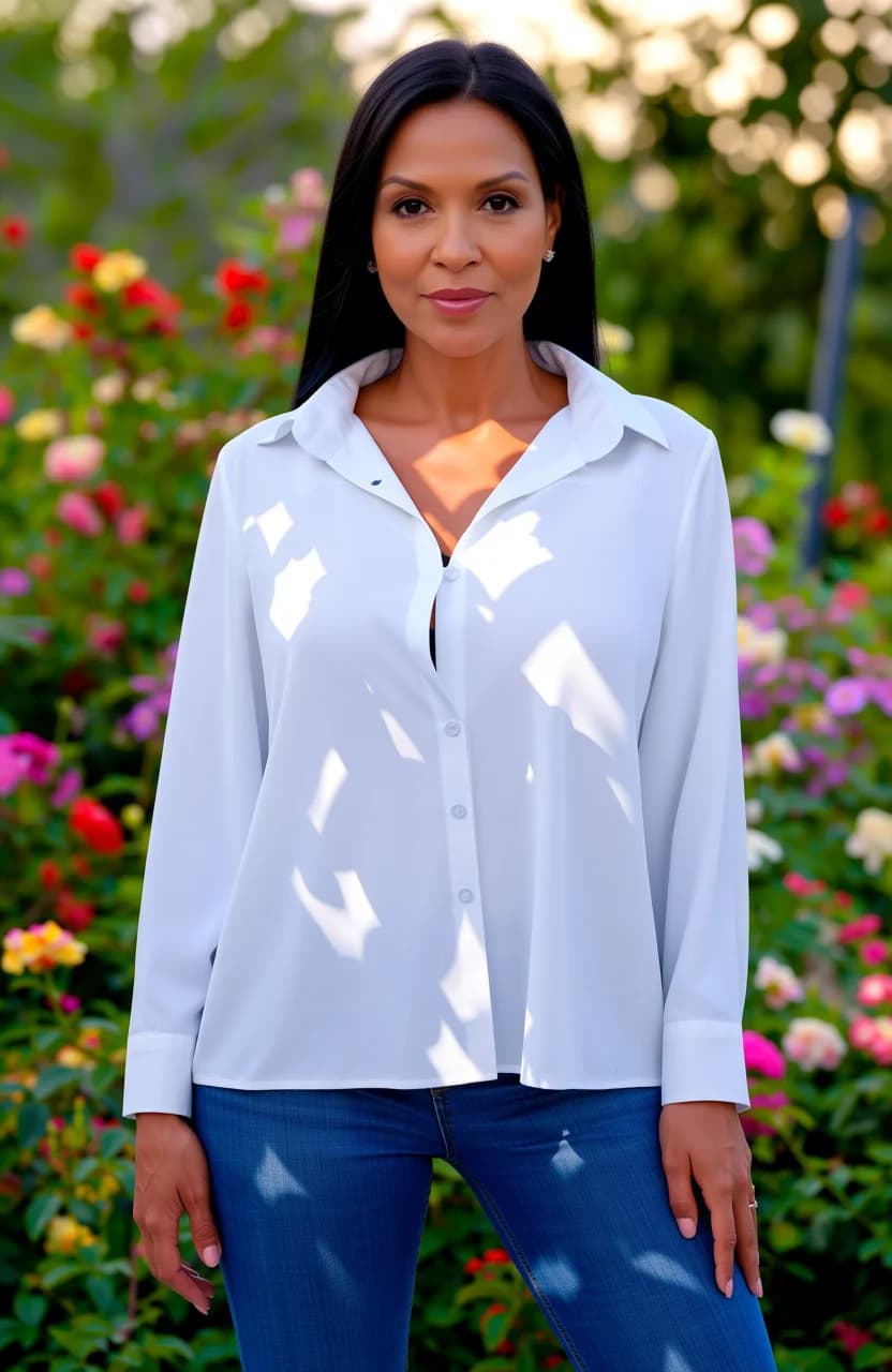 60-year-old Latina woman with skinny body type, straight black hair, brown eyes, realistic style, standing confidently in a beautiful lush garden overflowing with vibrant colorful flowers, roses, and blooming greenery under soft golden hour sunlight filtering through leaves creating dappled shadows and warm glow on her skin, full body shot from eye-level frontal POV with slight low angle to emphasize poise, wearing fitted blue jeans hugging her slim legs and hips paired with a simple elegant white blouse tucked in accentuating her slender waist, beautiful dangling gold earrings sparkling in the light, arms relaxed at sides with one hand on hip exuding confident poise, subtle sheen of perspiration on her exposed collarbone and neck from the warm air, natural body physics with gentle sag to her modest breasts under the blouse fabric, toned skinny limbs with visible subtle muscle tension in calves and thighs from standing firmly, direct intense eye contact straight into camera with warm confident smile and parted lips conveying mature allure, flawless anatomy, no extra digits, no extra limbs, realistic skin texture, high-detail.