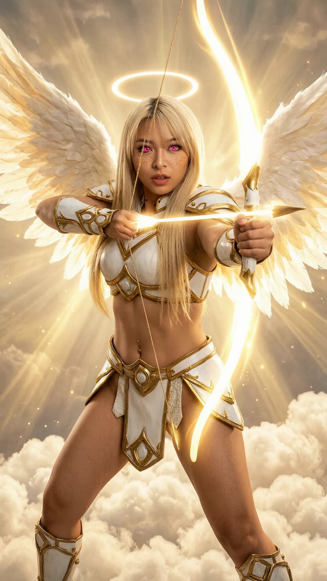 A 21-year-old Asian woman with long blonde hair, fit athletic body, facial freckles, glowing pink irises, belly piercings, dressed in ornate white-and-gold angelic armor from Heaven that exposes her midriff, massive feathered angel wings spread wide, glowing halo floating above her head, standing in a dynamic firing pose on a celestial cloud platform while drawing and releasing a bow and arrow made entirely of radiant light, body tensed with muscle definition and forward lean, armor gleaming under divine rays, intense direct eye contact with the viewer showing fierce determination and focus, lips parted, dynamic medium close-up from a low three-quarter angle emphasizing the action and wing span, heavenly golden lighting with soft volumetric god rays, realistic skin texture and sheen, Flawless anatomy, no extra digits, no extra limbs, realistic skin texture, high-detail.