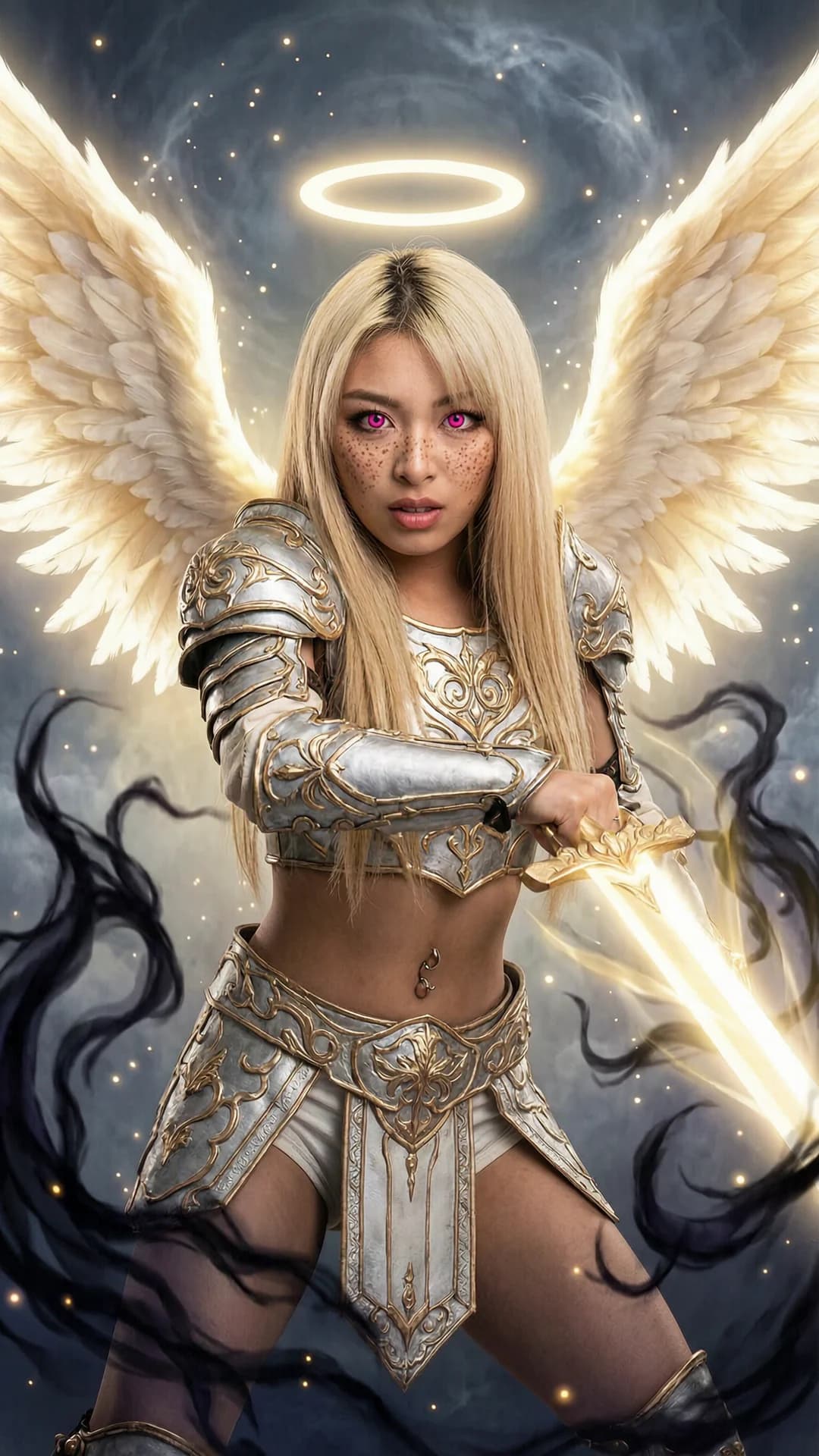 21-year-old Japanese woman with long blonde hair, fit athletic body, freckles across her face, glowing pink irises, belly piercings, wearing ornate angelic armor that exposes her midriff, halo floating above her head and large feathered angel wings spread wide, standing in a dramatic defensive stance wielding a radiant sword of pure light, intense direct eye contact with fierce protective determination and lips parted, defending the viewer in spiritual warfare against swirling dark ethereal forces, heavenly battlefield setting with dramatic volumetric lighting and glowing particles, medium close-up from front angle, flawless anatomy, no extra digits, no extra limbs, realistic skin texture, high-detail.