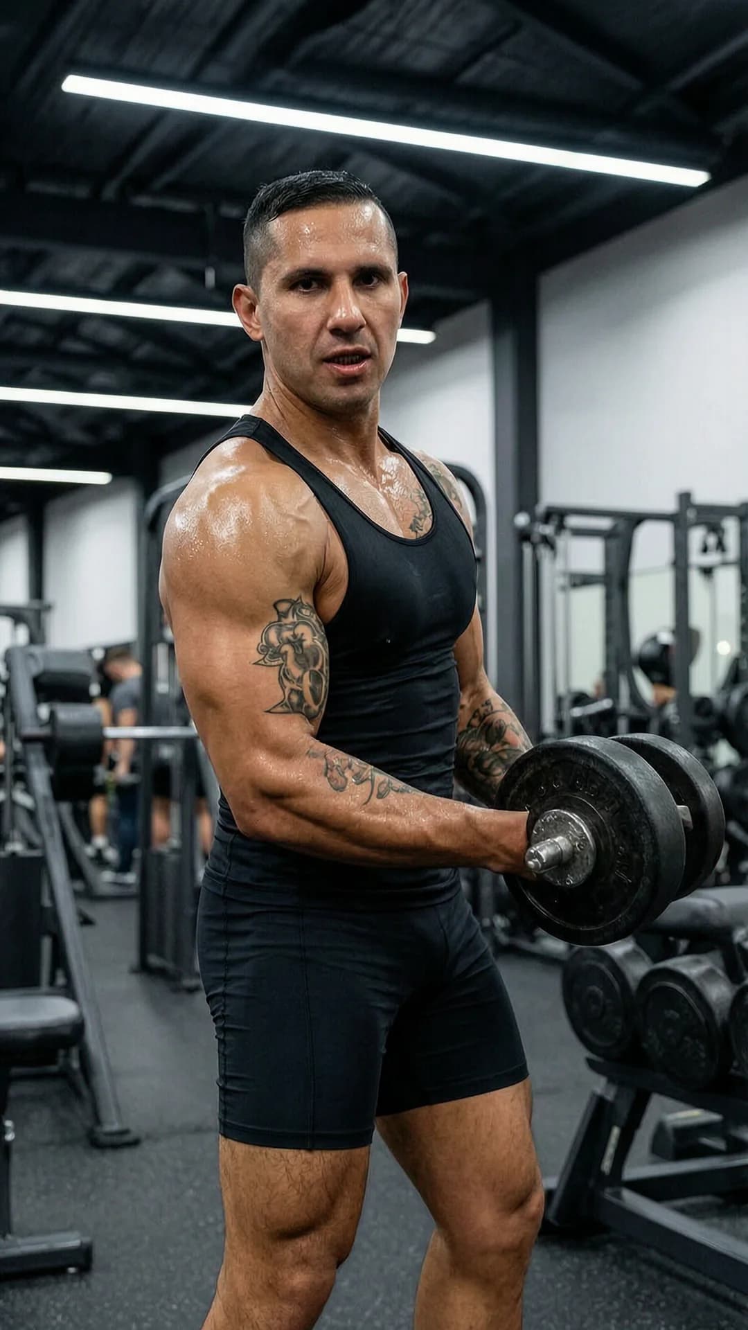 A 37-year-old Latino man with short black hair, brown eyes, and a wide muscular body type, wearing a tight black tank top stretched over his broad chest paired with short athletic compression shorts, visible tattoos covering his arms and chest, mid-workout in a modern gym surrounded by exercise equipment, captured in a dynamic three-quarter low-angle shot from slightly below emphasizing his powerful stance, flexing his biceps while lifting heavy dumbbells in a bicep curl pose with pronounced muscle tension and bulging veins, skin glistening with sweat and a light sheen across his athletic physique, intense direct eye contact with the viewer showing focused determination and raw strength, mouth slightly open from exertion, cinematic gym lighting with sharp highlights on sweat droplets and defined muscle contours, sporty fitness setting, Flawless anatomy, no extra digits, no extra limbs, realistic skin texture, high-detail.