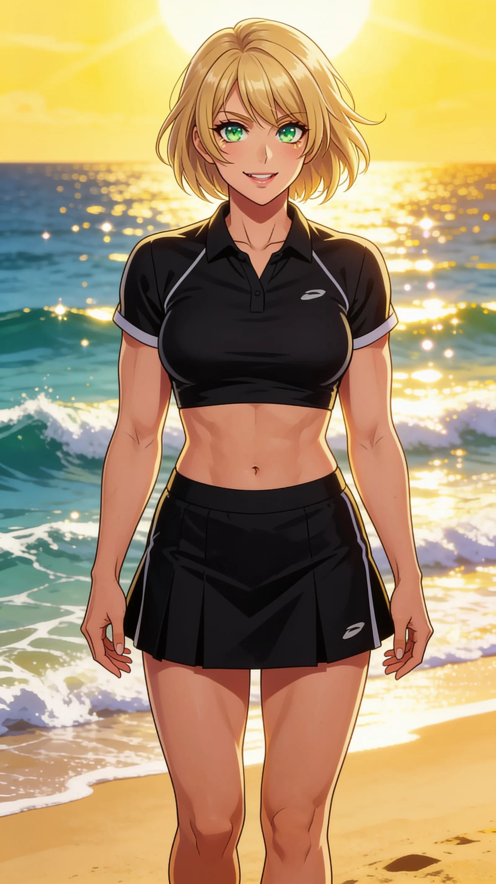 anime style, 2D cel-shaded anime illustration, anime key visual, flat cel shading, clean bold line art, vibrant saturated colors, large detailed expressive anime eyes with crisp catchlights, flat 2D rendering, not photorealistic, not 3D render, 36-year-old caucasian woman with short blonde hair and green eyes, muscular build, waist-up vertical portrait centered in frame, front eye-level camera angle on a sunny beach with ocean waves, wearing short black tennis skirt and crop top shirt, direct eye contact with a warm smile and parted lips, bright sunny daylight with warm golden highlights and sparkling ocean reflections, detailed anime cel shading, crisp clean linework, correct anatomy, hands cleanly drawn with five fingers, studio-quality anime key visual; avoid: photorealistic, 3D render, extra fingers, deformed hands, blurry, low detail.