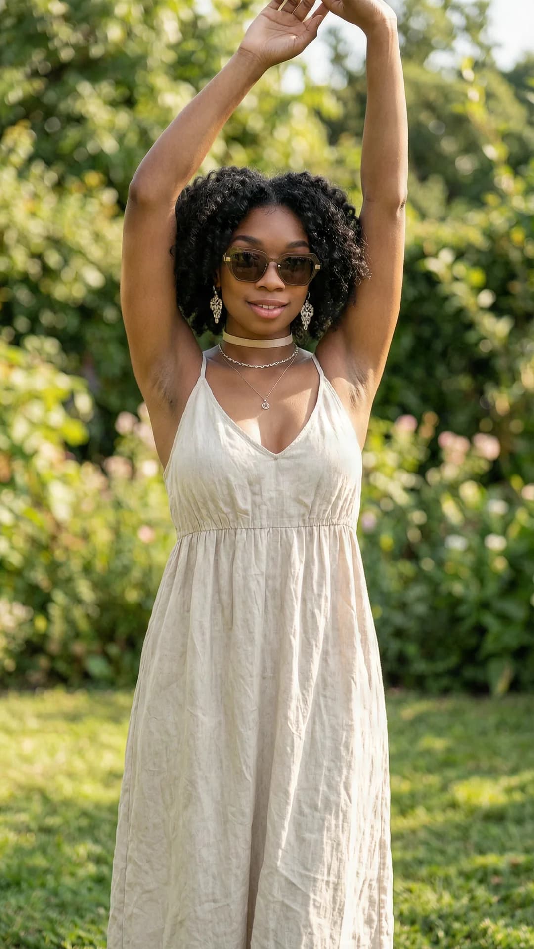 A 24-year-old black woman with a fit toned body, curly black hair, and brown eyes, wearing a light flowy summer dress that clings lightly to her curves, a fashionable choker, trendy sunglasses, an elegant necklace, and beautiful earrings, with visible nipple piercings pressing subtly against the thin fabric and a belly piercing glinting at her midriff, standing gracefully in a sunlit outdoor garden with soft natural lighting, stretching her arms overhead in an elegant pose that accentuates her posture and body lines, medium full-body shot from a slight front angle, direct eye contact through sunglasses with serene confident grace and a gentle smile, relaxed summer mood, skin with a light sheen, Flawless anatomy, no extra digits, no extra limbs, realistic skin texture, high-detail.