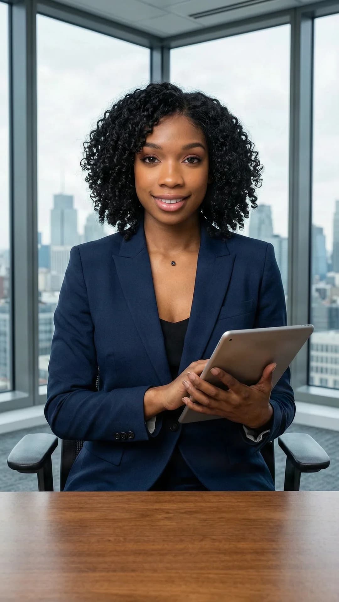 24-year-old black woman with fit body, curly black hair and brown eyes as a confident businesswoman in tailored navy blue power suit sitting at executive desk in modern corner office with city skyline view through floor-to-ceiling windows, professional headshot style medium close-up from direct front eye-level angle, warm smile with direct eye contact conveying confident sophistication, holding tablet, sophisticated makeup and styled curly hair, subtle outlines of nipple piercings and belly piercings beneath the fitted jacket, realistic style, Flawless anatomy, no extra digits, no extra limbs, realistic skin texture, high-detail.