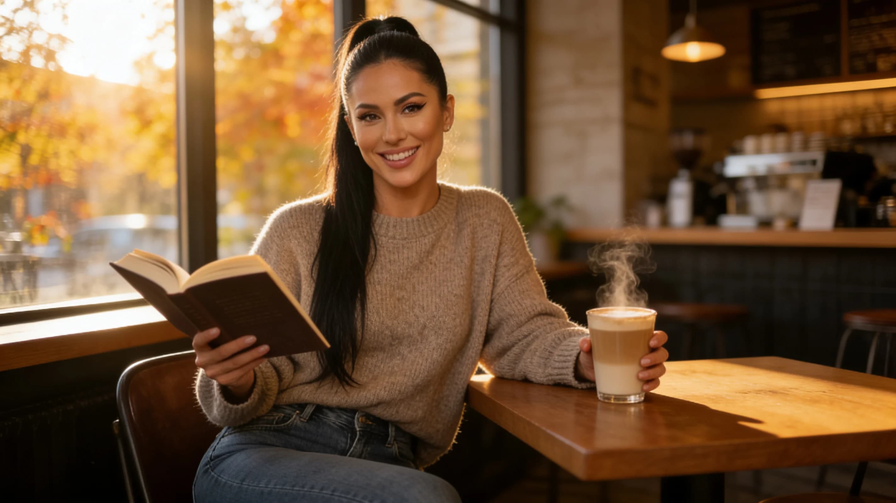 A 42-year-old Latina woman with black hair in a ponytail, brown eyes, and a fit body type, wearing fitted jeans and a cozy oversized sweater, sits relaxed at a wooden table in a trendy coffee shop holding an open book in one hand and a steaming latte in the other, natural sunlight streaming through large windows casting warm autumnal golden hues across the scene, genuine laughing expression with direct eye contact toward the viewer conveying approachable warmth and joy, lips parted in laughter, body leaning slightly forward in a comfortable seated pose with relaxed shoulders, casual lifestyle photography style, eye-level medium shot, cozy and inviting atmosphere, Flawless anatomy, no extra digits, no extra limbs, realistic skin texture, high-detail.