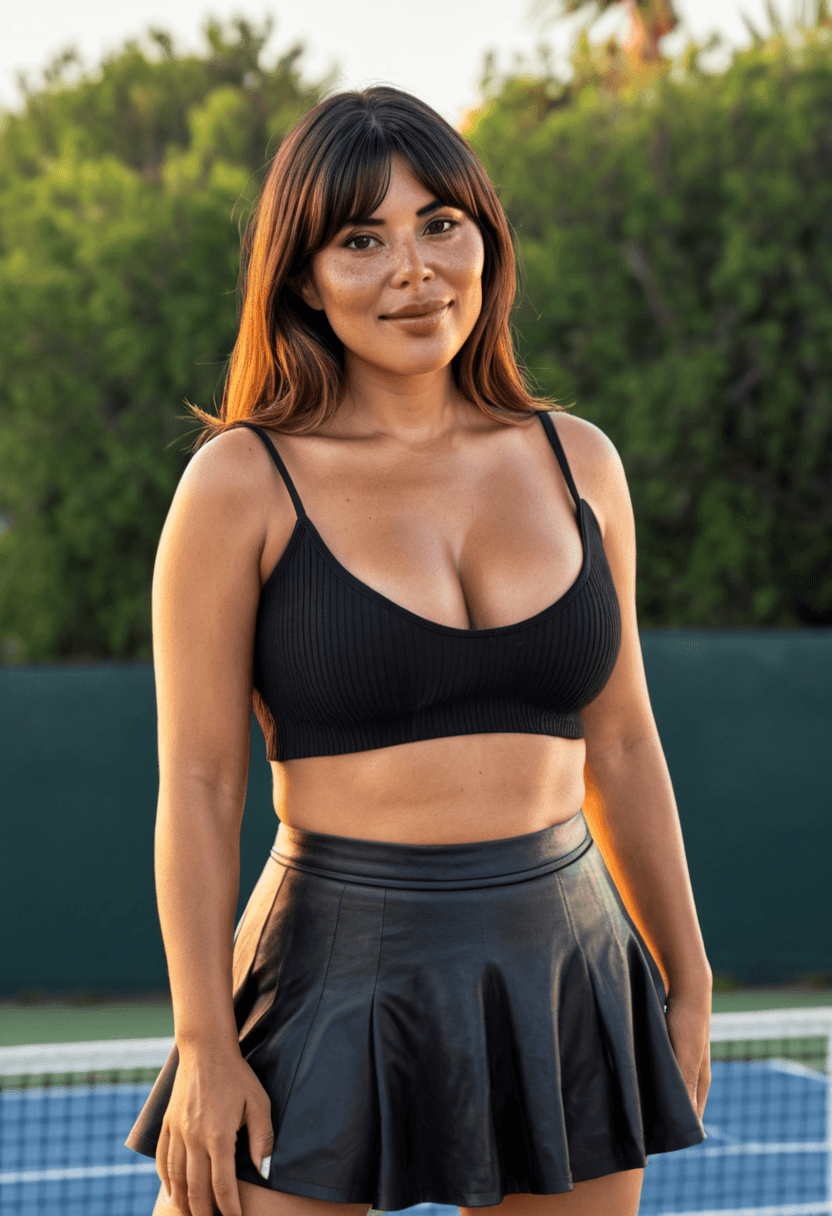 50-year-old latina woman, chubby body type, gigantic breasts, large butt, freckles, wearing short black tennis skirt and crop top shirt, full-body portrait, looking at the viewer with a smile, realistic style, highly detailed, photorealistic, cyberrealistic sdxl, standing confidently, full body shot