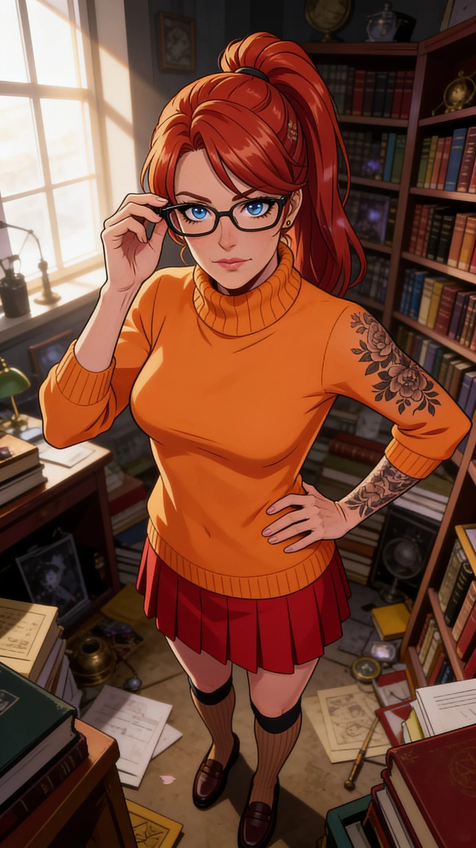 anime style, 2D cel-shaded anime illustration, anime key visual, flat cel shading, clean bold line art, vibrant saturated colors, large detailed expressive anime eyes with crisp catchlights, flat 2D rendering, not photorealistic, not 3D render, 46-year-old woman, redhead ponytail, blue eyes, skinny body type, caucasian ethnicity, dressed as Velma from Scooby Doo in an orange turtleneck sweater, red pleated skirt, knee-high socks and loafers with black-rimmed glasses and visible intricate tattoos on her arms, standing confidently in a cluttered mystery library with one hand on her hip and the other adjusting her glasses, waist-up framing centered in vertical 9:16 portrait composition, eye-level medium close-up from front angle, intense direct eye contact with curious determined expression and lips pursed, soft window light from the side casting gentle highlights and subtle shadows, detailed anime cel shading, crisp clean linework, correct anatomy, hands cleanly drawn with five fingers, studio-quality anime key visual; avoid: photorealistic, 3D render, extra fingers, deformed hands, blurry, low detail.