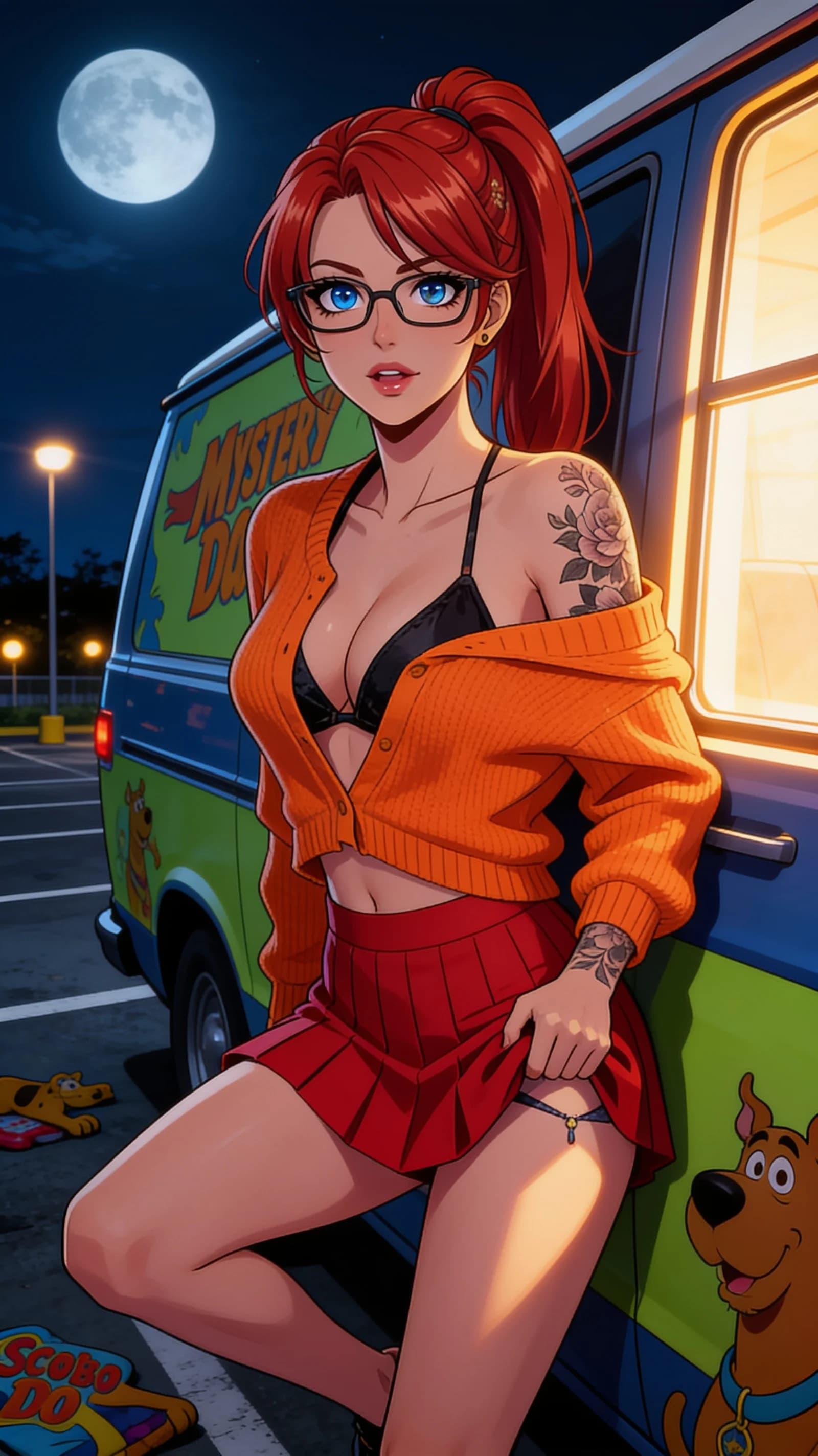 anime style, 2D cel-shaded anime illustration, anime key visual, flat cel shading, clean bold line art, vibrant saturated colors, large detailed expressive anime eyes with crisp catchlights, flat 2D rendering, not photorealistic, not 3D render, 46-year-old caucasian woman with skinny body type, red ponytail hair, blue eyes, wearing glasses and visible tattoos, dressed as Velma from Scooby Doo in an unbuttoned orange sweater revealing partial black bra and short red pleated skirt hiked up to show a tiny revealing thong, sexy provocative pose with hips tilted and one hand lifting the skirt hem, vertical 9:16 portrait composition centered and filling the frame from head to mid-thigh, strict front medium close-up angle, intense direct eye contact with seductive lust and parted glossy lips, soft dramatic window light with warm rim highlights and gentle shadows accentuating her form, nsfw, detailed anime cel shading, crisp clean linework, correct anatomy, hands cleanly drawn with five fingers, studio-quality anime key visual; avoid: photorealistic, 3D render, extra fingers, deformed hands, blurry, low detail.