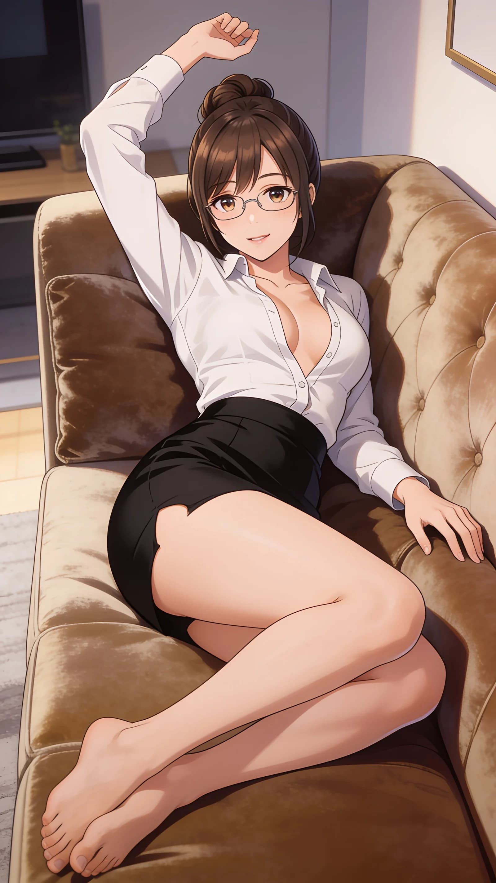 anime style, 2D cel-shaded anime illustration, anime key visual, flat cel shading, clean bold line art, vibrant saturated colors, large detailed expressive anime eyes with crisp catchlights, flat 2D rendering, not photorealistic, not 3D render, 24-year-old Asian woman with fit body, brunette hair in a neat bun, brown eyes, wearing glasses, lying seductively on a luxurious velvet couch in a softly lit modern living room, wearing a tight short black skirt that rides up her thighs and a white button-up shirt unbuttoned at the top to reveal the inner curves of her breasts, her long toned legs stretched out and crossed at the ankles to emphasize their length and definition, body angled slightly toward the viewer with one arm resting behind her head and the other lightly touching her collar, intense direct eye contact with the viewer conveying seductive confidence and allure, lips parted, soft warm ambient lighting highlighting skin texture and fabric details, vertical 9:16 portrait composition with character centered and filling the frame head-to-mid-thigh, medium close-up from a low side angle POV, detailed anime cel shading, crisp clean linework, correct anatomy, hands cleanly drawn with five fingers, studio-quality anime key visual; avoid: photorealistic, 3D render, extra fingers, deformed hands, blurry, low detail.