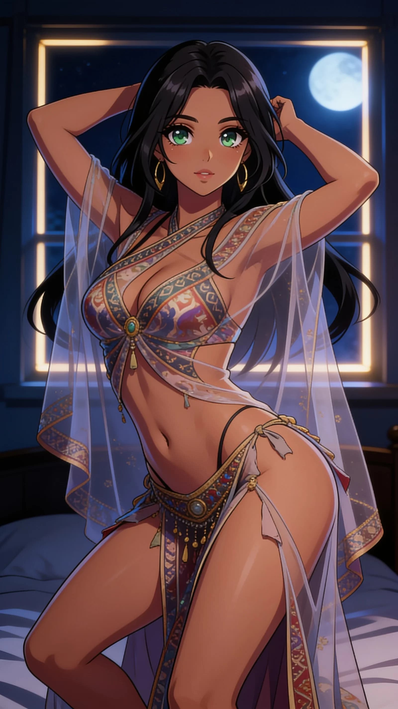 anime style, 2D cel-shaded anime illustration, anime key visual, flat cel shading, clean bold line art, vibrant saturated colors, large detailed expressive anime eyes with crisp catchlights, flat 2D rendering, not photorealistic, not 3D render, 21-year-old latina woman with long black hair, green eyes, fit body type, performing a vulgar seductive strip dance in a dimly lit night bedroom, wearing an extremely revealing Indian dancer outfit with sheer veil, tiny scraps of cloth barely covering her nipples and pussy, dynamic mid-thigh pose with hips thrust forward and arms raised, intense direct eye contact with seductive lust and parted lips, nsfw, soft moonlight rim lighting from a window casting dramatic shadows across her toned skin and flowing veil, vertical 9:16 portrait composition centered on the character, medium close-up from front angle, detailed anime cel shading, crisp clean linework, correct anatomy, hands cleanly drawn with five fingers, studio-quality anime key visual; avoid: photorealistic, 3D render, extra fingers, deformed hands, blurry, low detail.