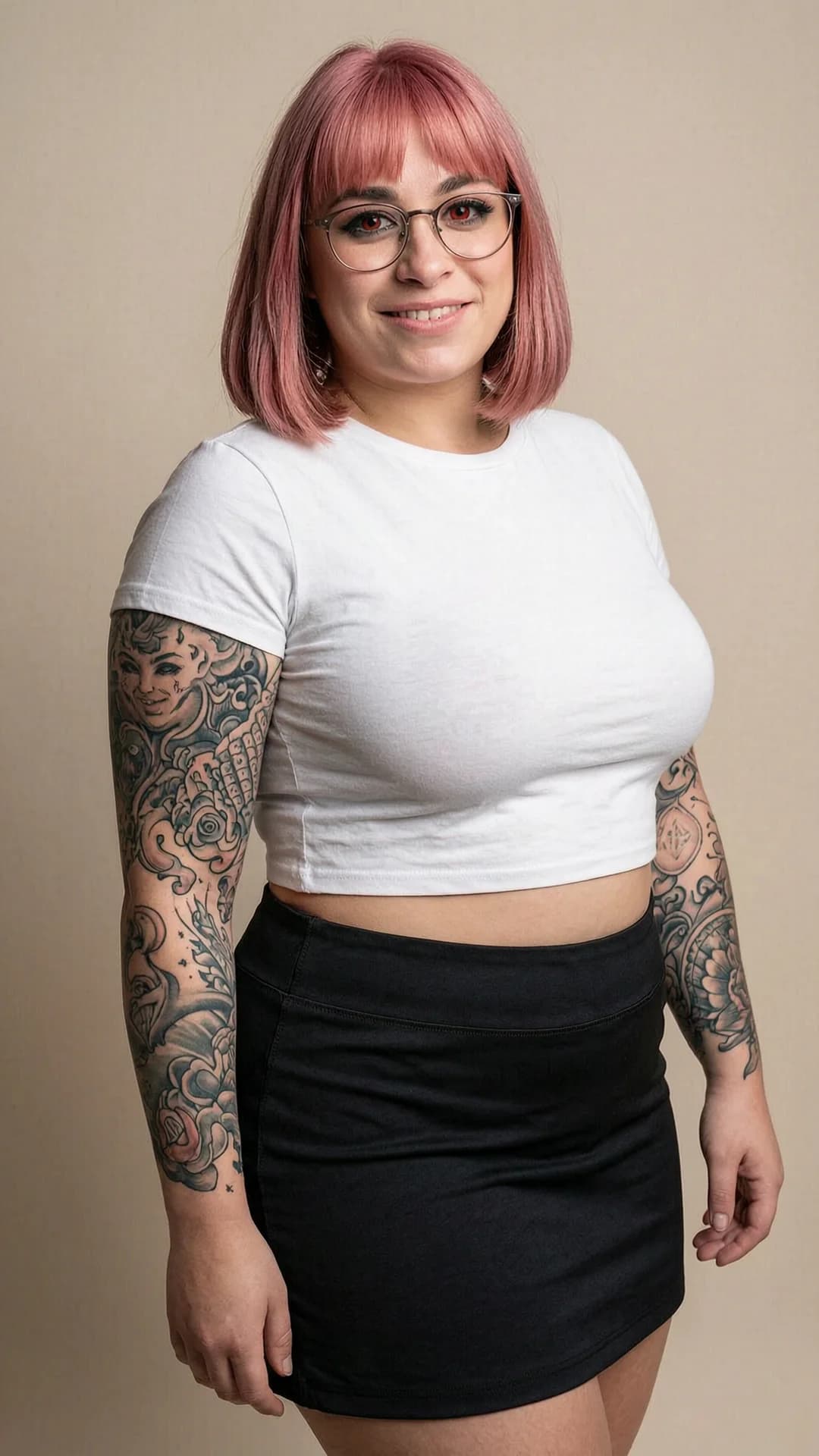 A 25-year-old Caucasian chubby woman with pink hair styled in bangs, striking red eyes, wearing glasses, intricate tattoos visible on her arms and cleavage, and nipple piercings subtly outlined beneath her tight white crop top shirt paired with a short black tennis skirt, standing in a soft-lit indoor studio setting with neutral background, front-facing medium close-up portrait angle directly at the viewer, body slightly angled with one hip cocked, arms relaxed at her sides, warm genuine smile with direct eye contact and sparkling playful expression, lips gently parted, soft natural lighting highlighting skin texture and chubby curves, realistic style, Flawless anatomy, no extra digits, no extra limbs, realistic skin texture, high-detail.