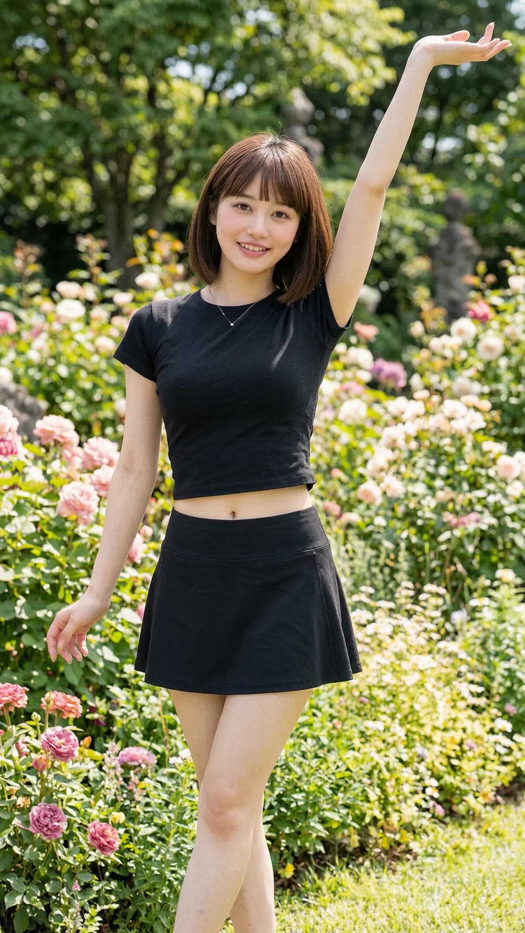 A 24-year-old Asian woman with brunette bangs, brown eyes, and a skinny body type, wearing a short black tennis skirt and a tight crop top shirt along with an elegant necklace, standing confidently in a beautiful garden with flowers while stretching gracefully with one arm raised, full body frontal view from eye level, direct eye contact with the viewer and a warm genuine smile, lips gently parted, vibrant natural daylight with soft shadows highlighting her slim figure and smooth skin, realistic style, Flawless anatomy, no extra digits, no extra limbs, realistic skin texture, high-detail.