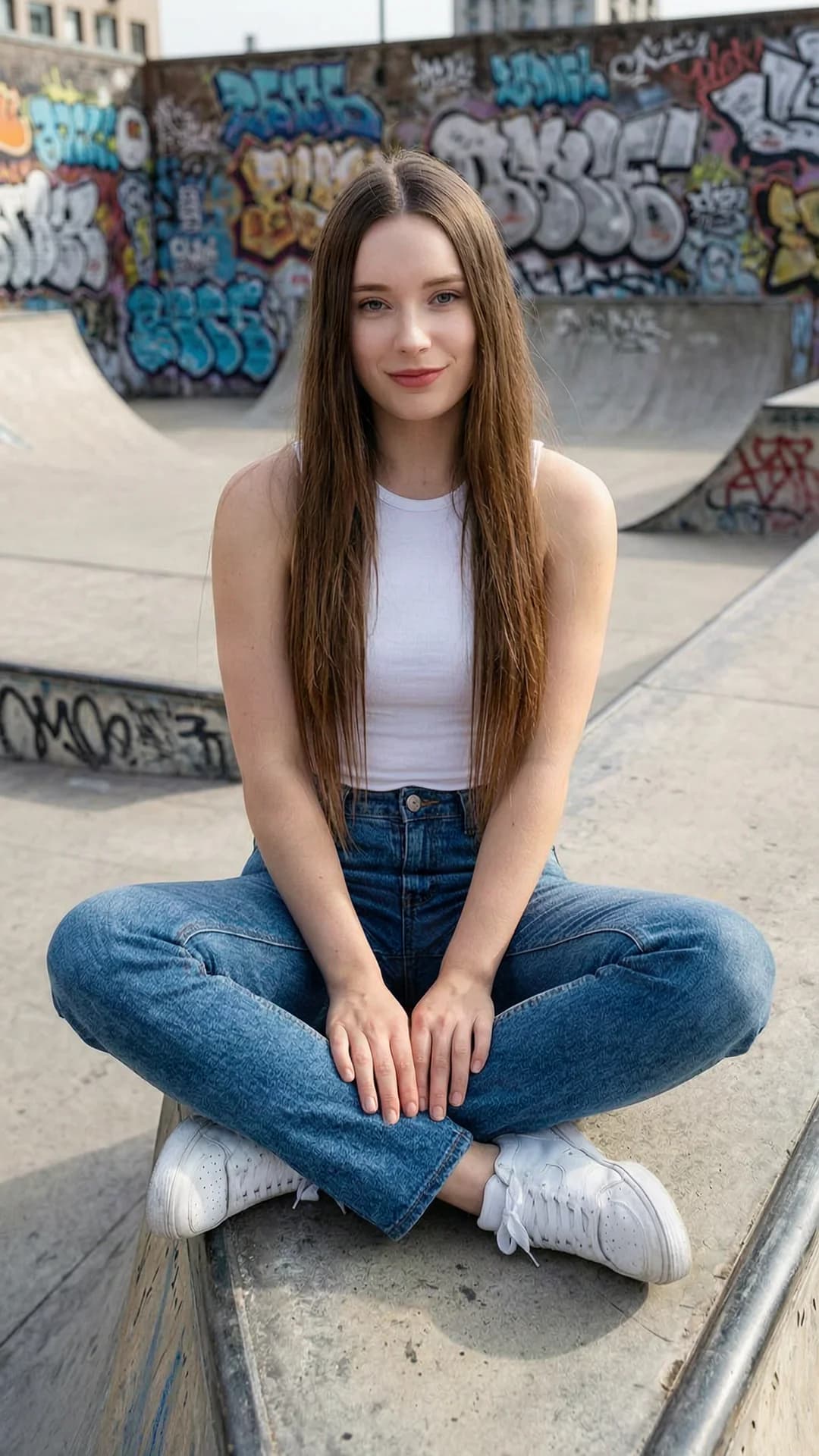 A 21-year-old Caucasian woman with straight brunette hair, blue eyes, and a fit body type sits fully clothed on a concrete ledge in a bustling urban skate park with ramps and graffiti-covered walls, wearing a fitted white tank top, low-waisted blue jeans, and white sneakers, her posture relaxed with legs crossed and hands resting on her knees, captured in a medium close-up from a front angle with soft natural daylight casting gentle shadows, intense direct eye contact with a confident smile and lips slightly parted, realistic style, body physics showing toned muscle tension and natural skin sheen, Flawless anatomy, no extra digits, no extra limbs, realistic skin texture, high-detail.