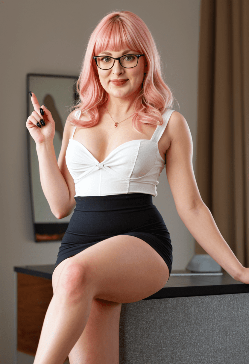 High-quality photorealistic portrait of a seductive woman, intense gaze looking directly at camera, naughty expression, sucking her own finger. She is wearing a micro miniskirt and extreme high stiletto heels. Long black stiletto nails. She is wearing a strapon harness and touching it provocatively. Luxury room background, soft cinematic lighting, 8k resolution, highly detailed skin texture, masterpiece.