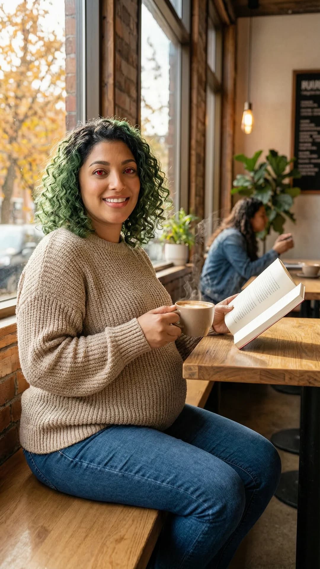 A 24-year-old Latina woman with chubby body type, curly green hair, red eyes and visibly pregnant belly, wearing fitted jeans and a cozy oversized sweater that drapes comfortably over her rounded midsection, sitting relaxed at a wooden table in a trendy coffee shop while holding an open book in one hand and a steaming latte in the other, natural sunlight pouring through large windows and bathing the scene in warm autumn colors, genuine laughing expression with direct eye contact toward the viewer conveying approachable joy and warmth, comfortable pose with legs crossed and body leaning slightly back, medium close-up from a three-quarter angle in casual lifestyle photography style, cozy inviting atmosphere, Flawless anatomy, no extra digits, no extra limbs, realistic skin texture, high-detail.