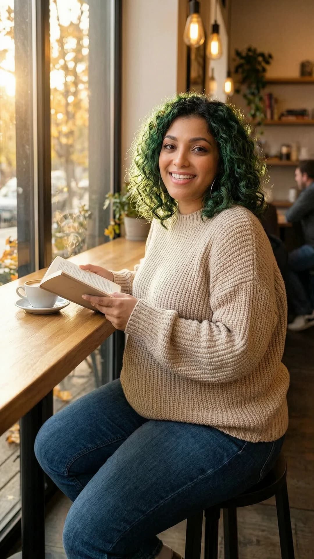 A 24-year-old Latina woman with chubby body type, curly green hair, red eyes and visibly pregnant belly, wearing fitted jeans and a cozy oversized sweater that drapes comfortably over her rounded midsection, sitting relaxed at a wooden table in a trendy coffee shop while holding an open book in one hand and a steaming latte in the other, natural sunlight pouring through large windows and bathing the scene in warm autumn colors, genuine laughing expression with direct eye contact toward the viewer conveying approachable joy and warmth, comfortable pose with legs crossed and body leaning slightly back, medium close-up from a three-quarter angle in casual lifestyle photography style, cozy inviting atmosphere, Flawless anatomy, no extra digits, no extra limbs, realistic skin texture, high-detail.