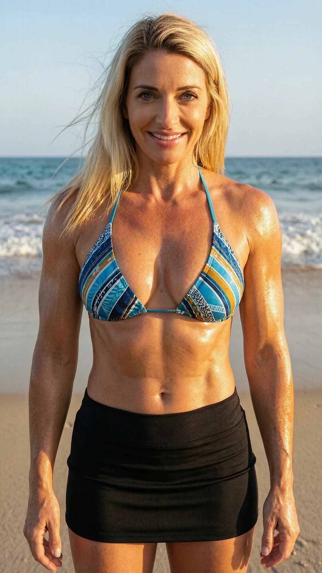 A 39-year-old Caucasian woman with a muscular build, straight blonde hair, and piercing blue eyes stands on a sunny beach wearing a stylish revealing bikini paired with a short black tennis skirt and a tight crop top shirt that accentuates her toned abs, captured in a medium close-up portrait from a direct front-facing eye-level angle with strict first-person POV, intense direct eye contact with the viewer and a bright genuine smile, lips parted in a friendly expression, wind-swept hair, golden hour sunlight casting warm highlights on her glistening skin and muscular physique with subtle sweat sheen, soft ocean waves and sand in the blurred background, realistic style, Flawless anatomy, no extra digits, no extra limbs, realistic skin texture, high-detail.