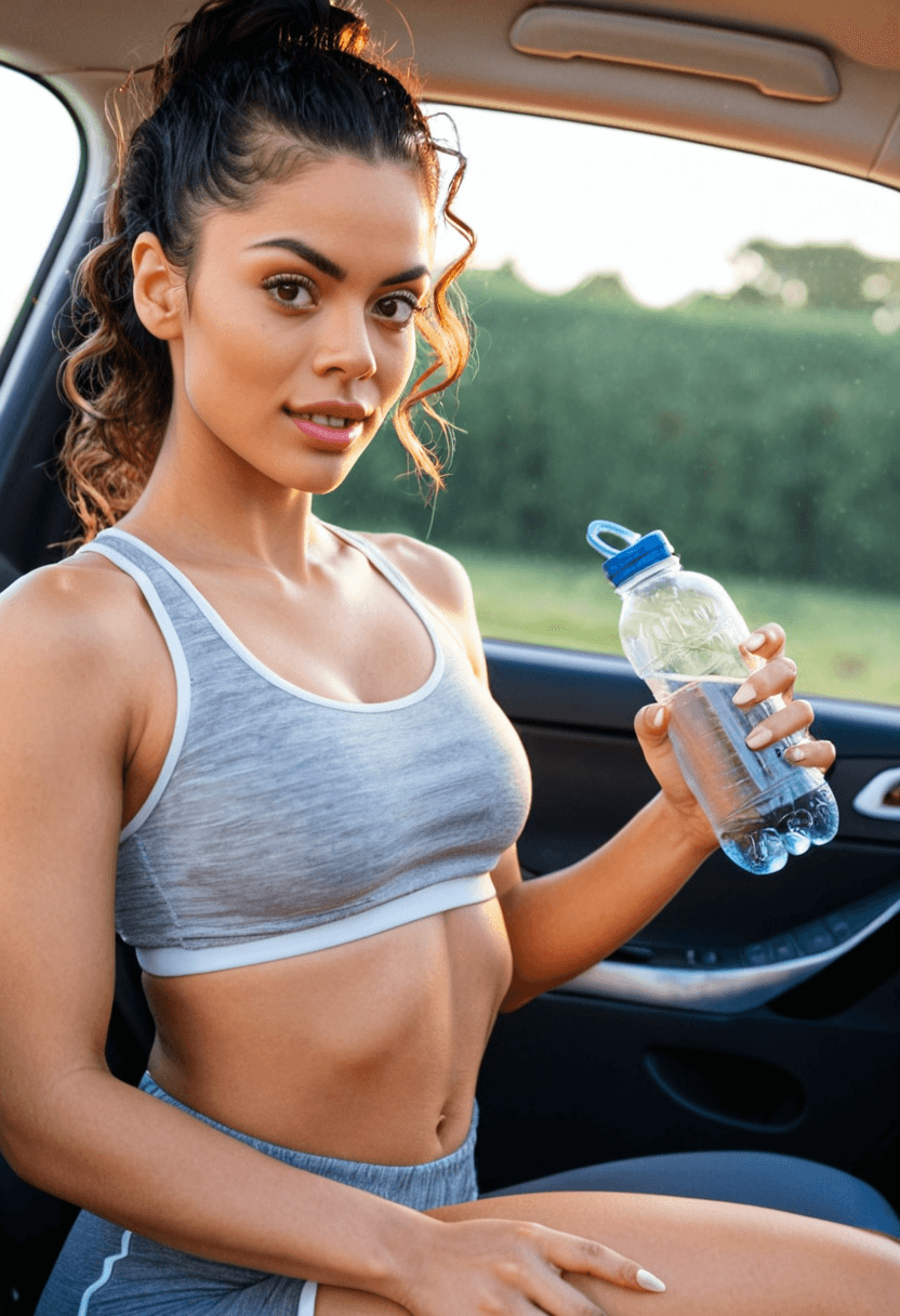 Realistic post-workout photo of a woman sitting inside a car, slightly sweaty, holding a water bottle in one hand. Serious expression, natural lighting coming from the car window, casual gym outfit, authentic candid feel, high-detail realism.