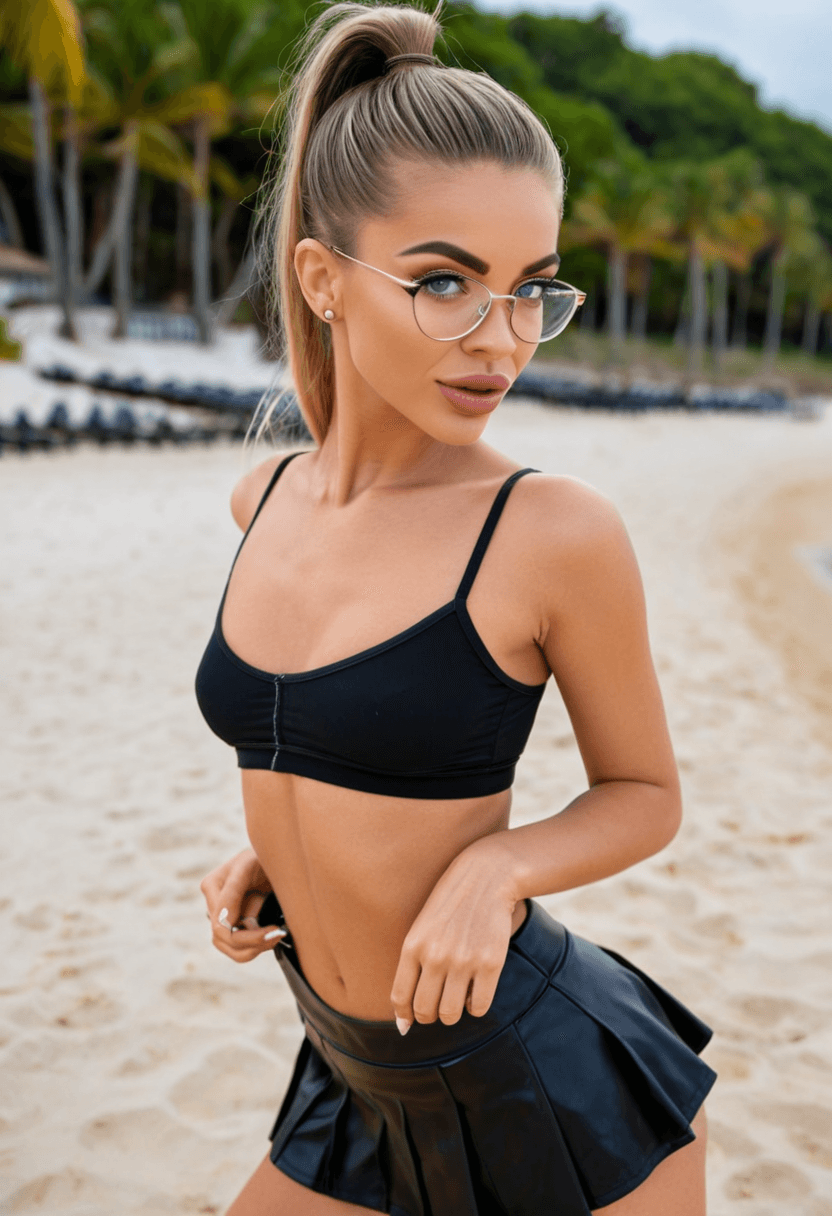 Wearing short black tennis skirt and a crop top shirt, portrait picture, looking at the viewer with a smile, wearing a stylish bikini on the beach, wearing a fashionable mini skirt