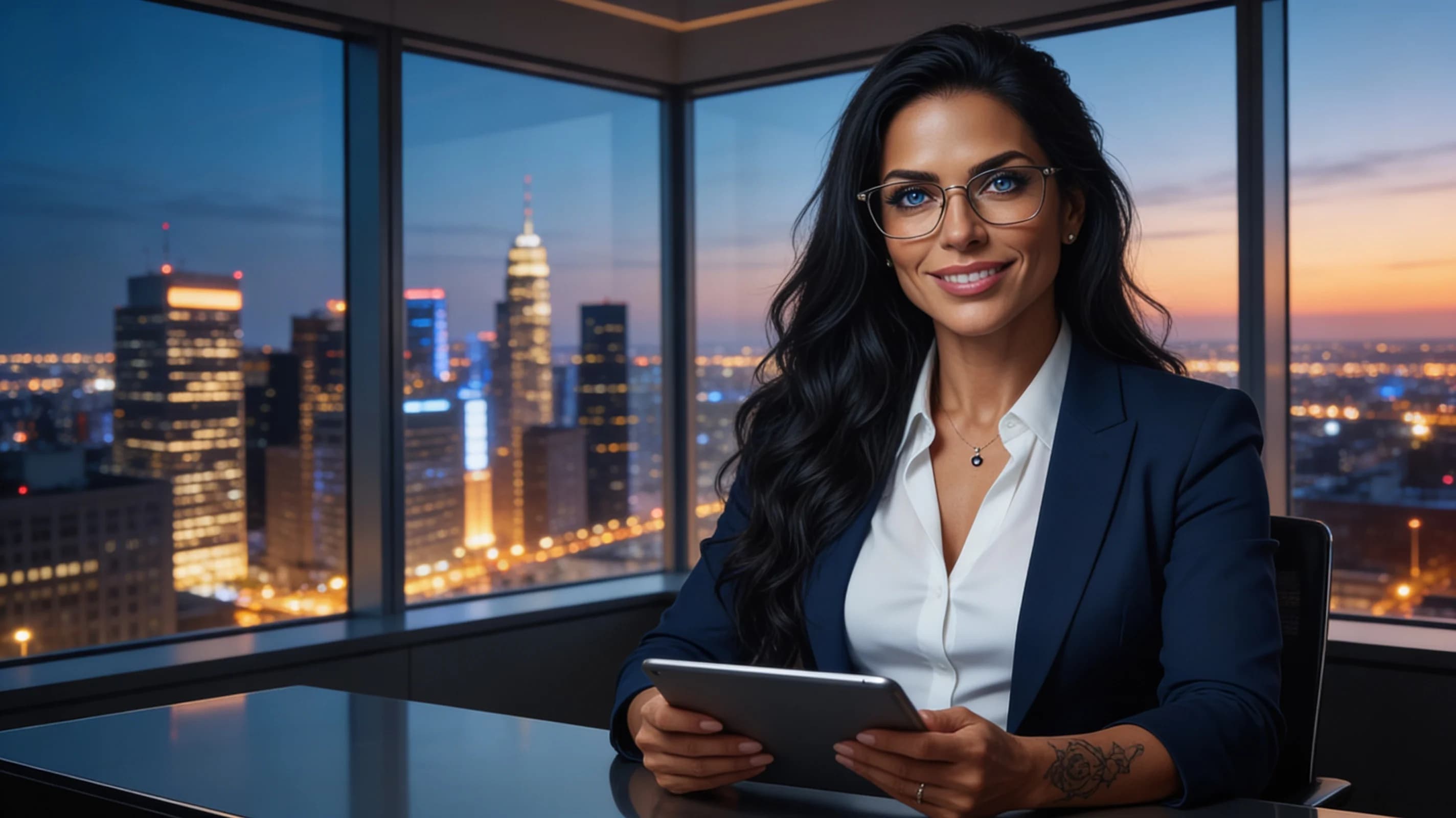 50-year-old Latina woman with long black hair, blue eyes, fit body type, wearing glasses, belly piercings and tattoos, dressed in a tailored navy blue power suit with crisp white blouse, sitting upright at a sleek executive desk in a modern corner office with floor-to-ceiling windows revealing a glowing city skyline at dusk, professional headshot style composition, medium close-up from eye-level angle, holding a tablet in both hands with relaxed posture, sophisticated makeup, styled long hair, warm confident smile, direct eye contact with the viewer conveying poised authority and approachability, soft warm ambient lighting mixed with cool city glow, Flawless anatomy, no extra digits, no extra limbs, realistic skin texture, high-detail.