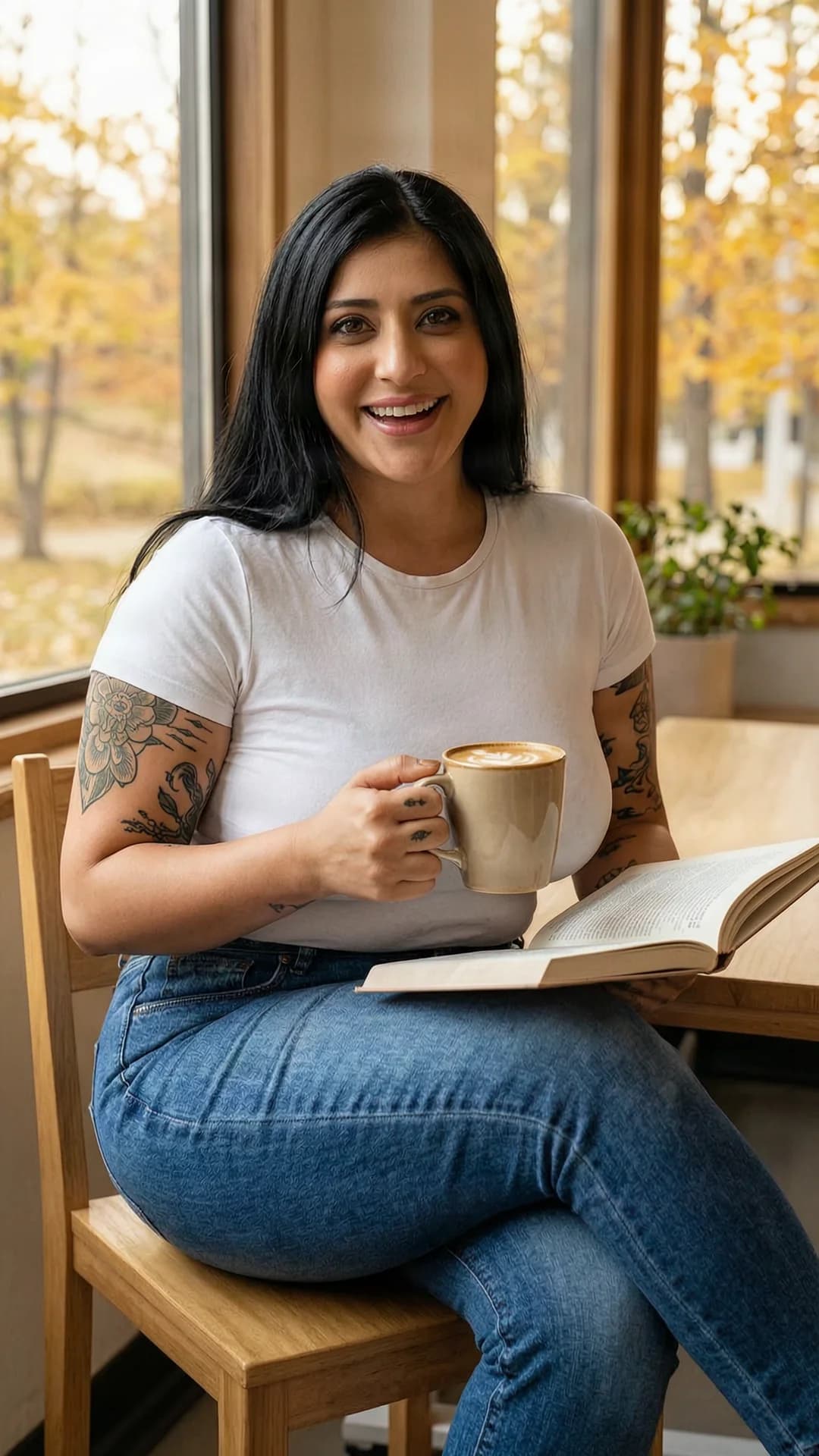 31-year-old Latina woman with chubby body type, straight black hair, brown eyes, and visible tattoos, wearing fitted blue jeans and a tight white t-shirt that hugs her soft curves, sitting relaxed in a cozy staff room while holding an open book in one hand and a steaming latte in the other, natural sunlight streaming through large windows casting warm autumn golden hues across the scene, genuine laughing expression with direct warm eye contact and approachable smile, lips parted in laughter, casual lifestyle photography style, comfortable and inviting vibe, medium close-up from eye-level angle, soft natural lighting highlighting skin texture and fabric details, body relaxed with gentle curves and natural posture, Flawless anatomy, no extra digits, no extra limbs, realistic skin texture, high-detail.