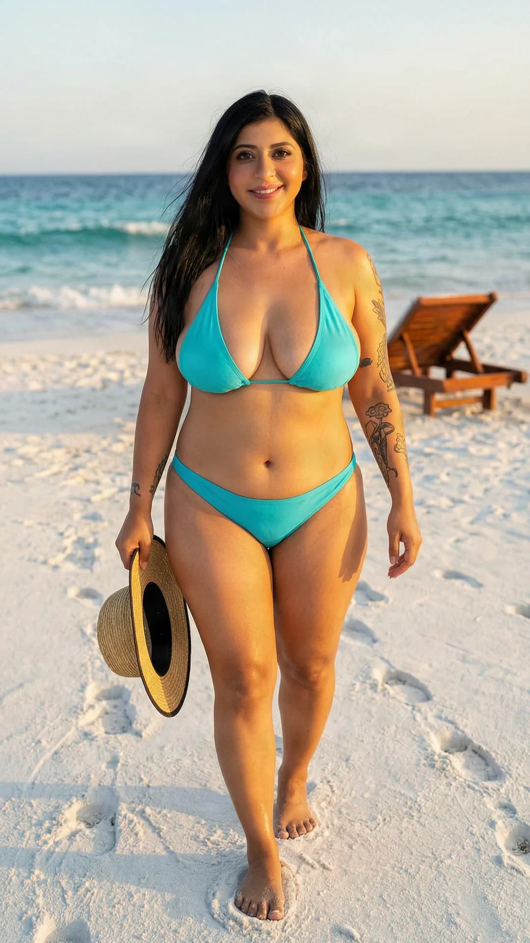 A 31-year-old Latina woman with chubby body type, black straight hair, brown eyes, visible tattoos, and prominent large breasts, wearing a turquoise g-string bikini, standing confidently in full body shot from a frontal low angle on pristine white sand during golden sunset lighting, direct eye contact with genuine carefree smile and lips parted, sea breeze gently moving her hair, barefoot with footprints trailing behind, carrying a sun hat in one hand, tropical paradise background with ocean waves, vacation photography style, body relaxed with natural breast positioning and skin sheen from sunlight, tanning on a nearby beach lounger visible in soft focus. Flawless anatomy, no extra digits, no extra limbs, realistic skin texture, high-detail.