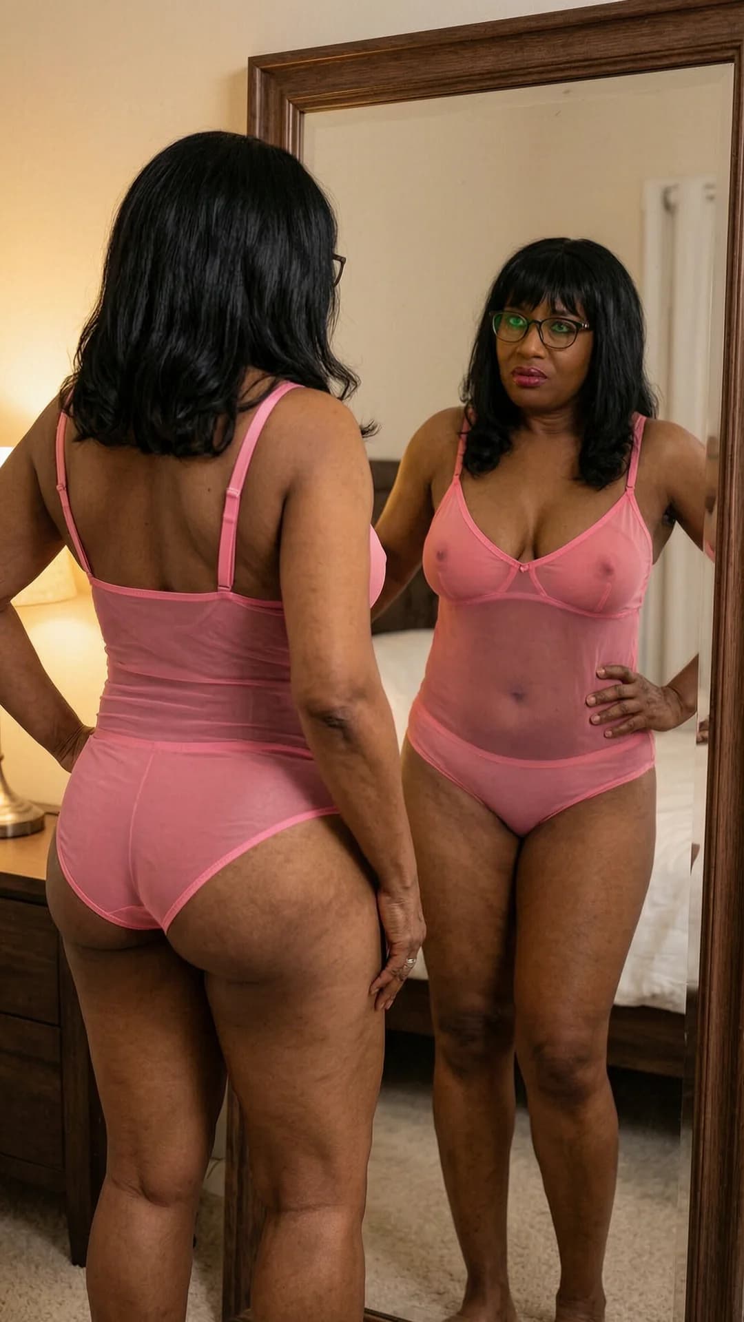 A 50-year-old black woman with a chubby body, black hair with bangs, green eyes behind glasses, belly piercings and visible pubic hair, standing in a softly lit bedroom wearing sheer pink lingerie that accentuates her curves, positioned in front of a full-length mirror with a confident pose, one hand on her hip and the other lightly touching her thigh, medium full-body shot from a three-quarter rear angle capturing both her back and her front reflection, her green eyes making direct intense eye contact with her own reflection in the mirror with a seductive confident expression and lips parted, soft warm ambient lighting casting gentle shadows on her skin, realistic style, Flawless anatomy, no extra digits, no extra limbs, realistic skin texture, high-detail.