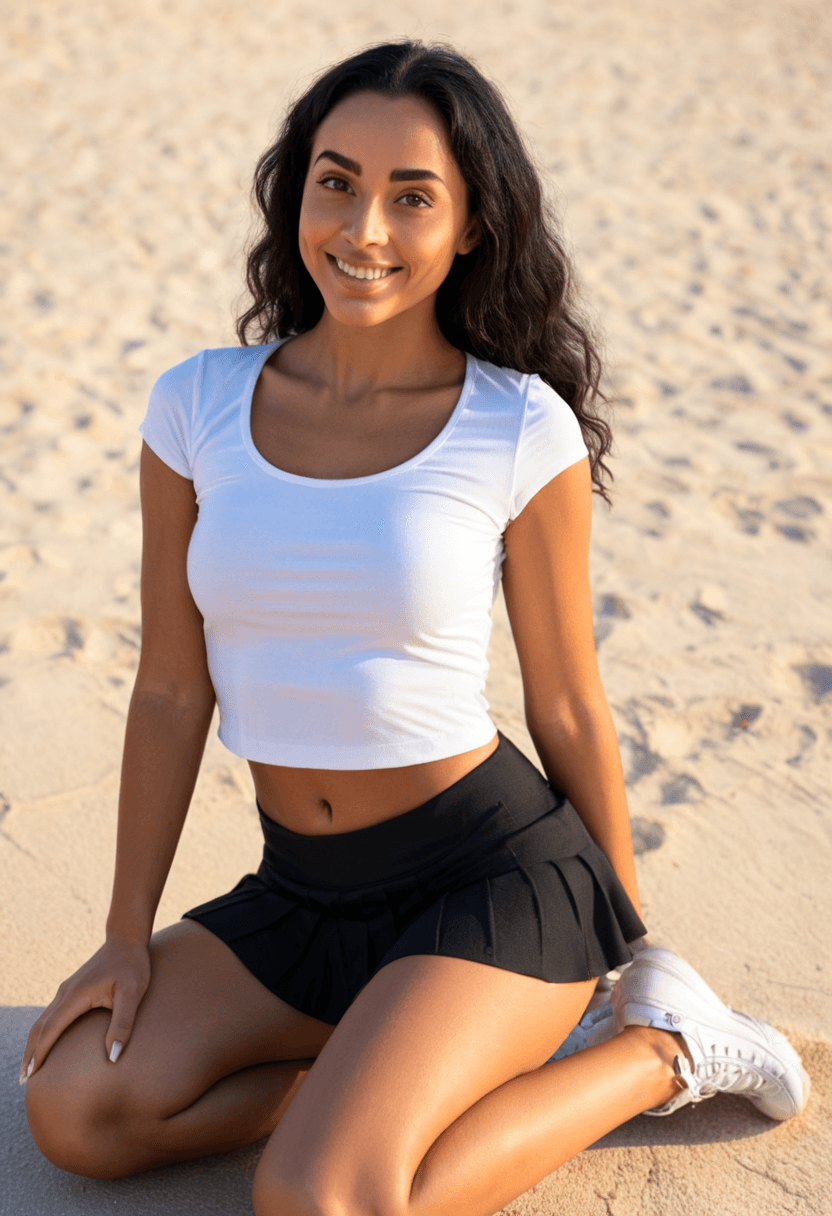 Wearing short black tennis skirt and a crop top shirt, portrait picture, looking at the viewer with a smile, kneeling pose, elegant position