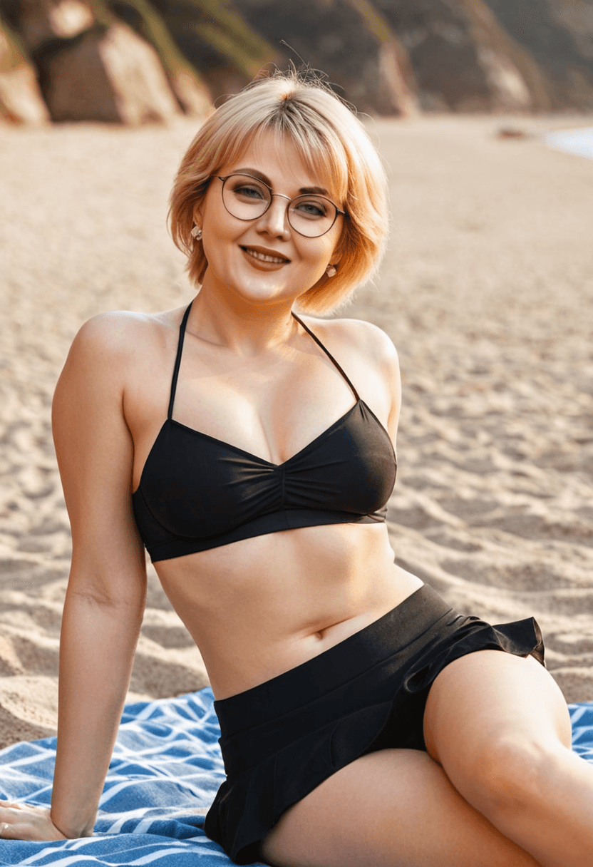 Wearing short black tennis skirt and a crop top shirt, portrait picture, looking at the viewer with a smile, wearing a stylish bikini on the beach, stretching gracefully, tanning on a beach lounger, wearing beautiful earrings, on a sunny beach with ocean waves