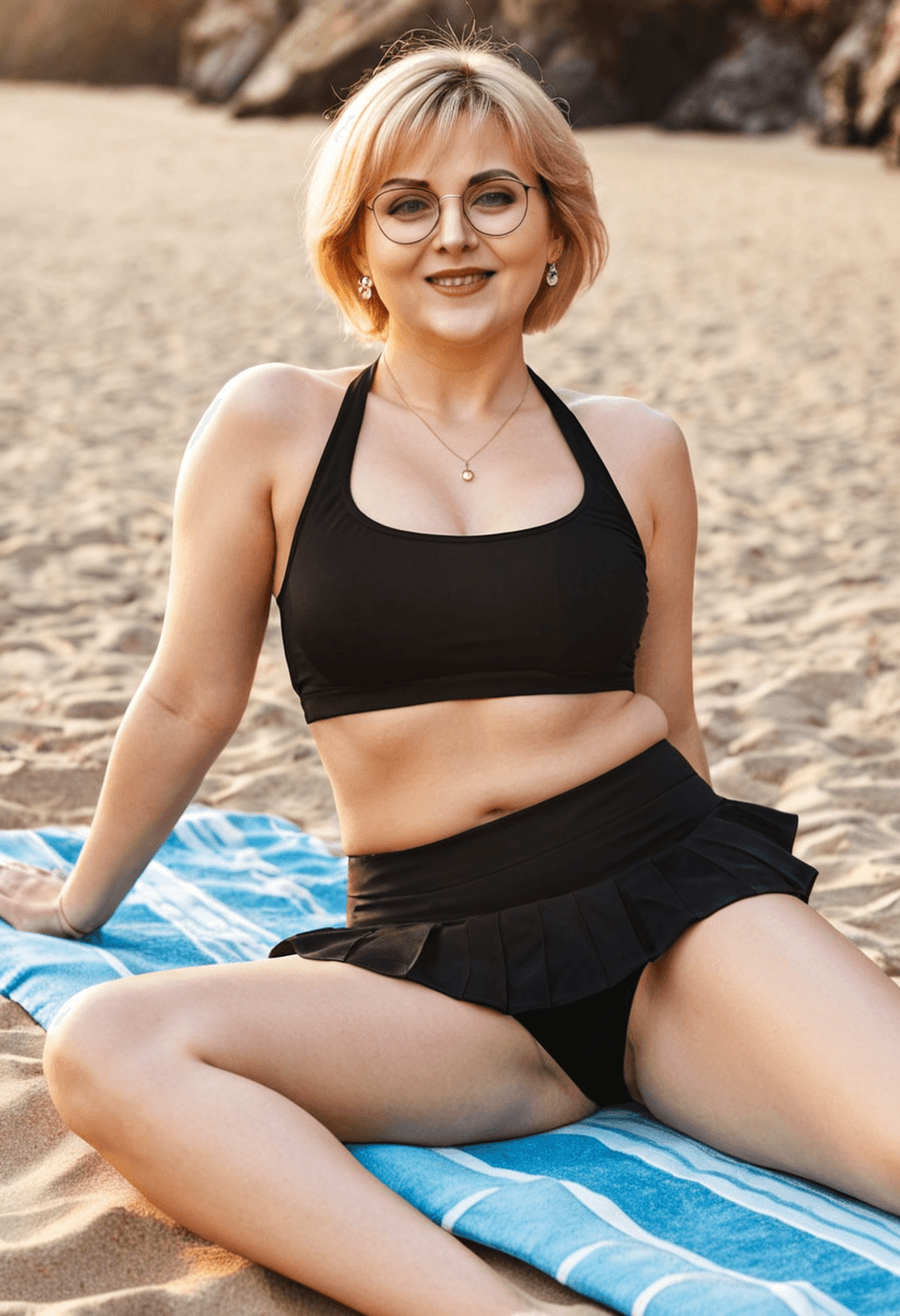 Wearing short black tennis skirt and a crop top shirt, portrait picture, looking at the viewer with a smile, wearing a stylish bikini on the beach, stretching gracefully, tanning on a beach lounger, wearing beautiful earrings, on a sunny beach with ocean waves